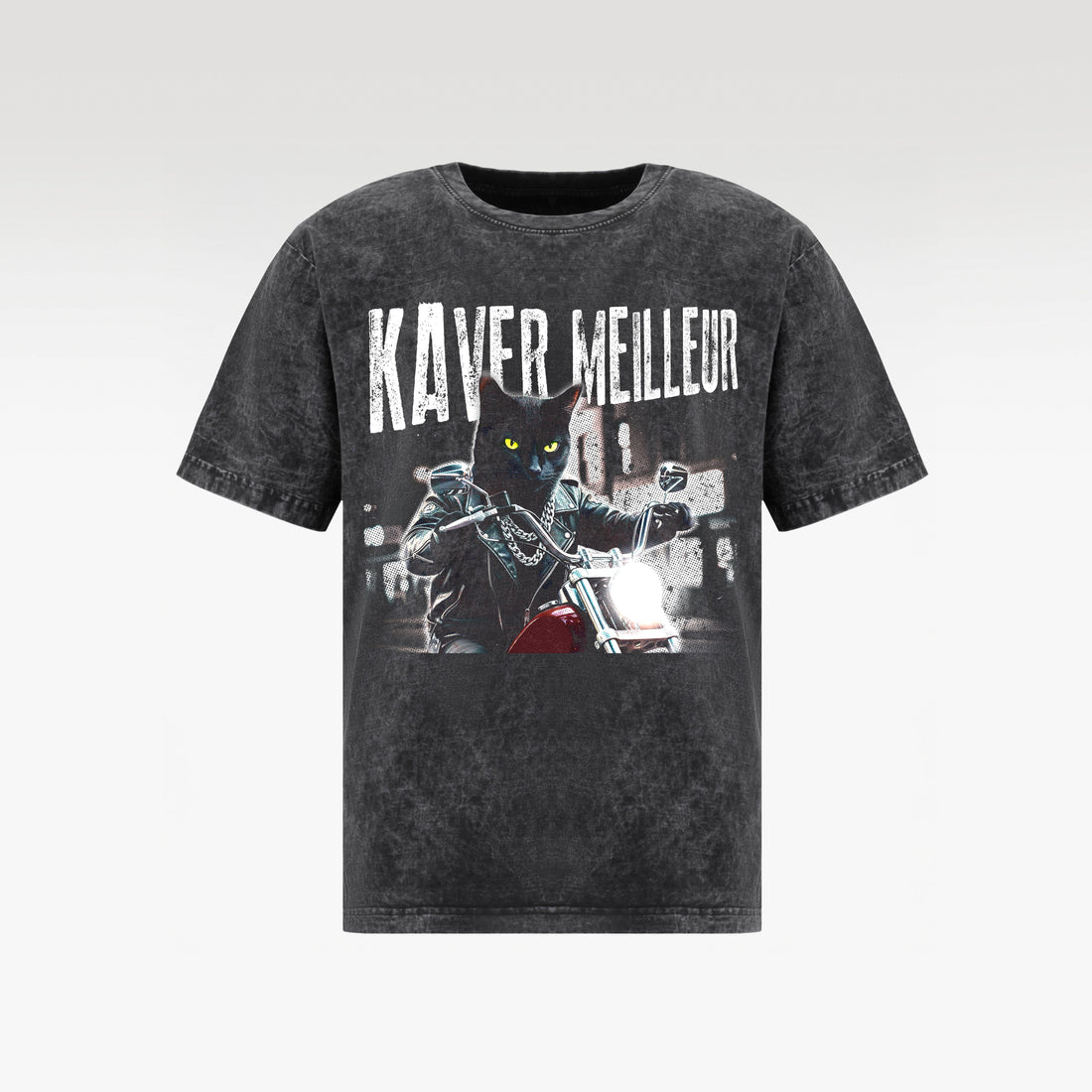 NIGHT RIDER CAT WASH T- SHIRT | Vintage Acid Wash Graphic Tee - Gothic Boxy Fit Streetwear Shirt