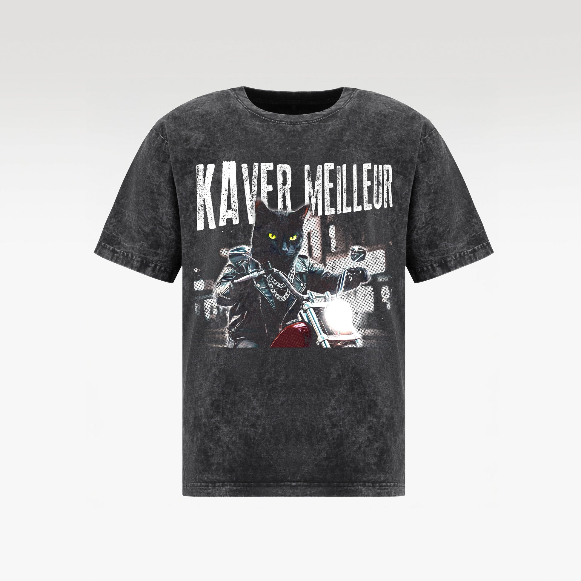 NIGHT RIDER CAT WASH T- SHIRT | Vintage Acid Wash Graphic Tee - Gothic Boxy Fit Streetwear Shirt