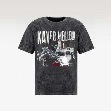 NIGHT RIDER CAT WASH T- SHIRT | Vintage Acid Wash Graphic Tee - Gothic Boxy Fit Streetwear Shirt