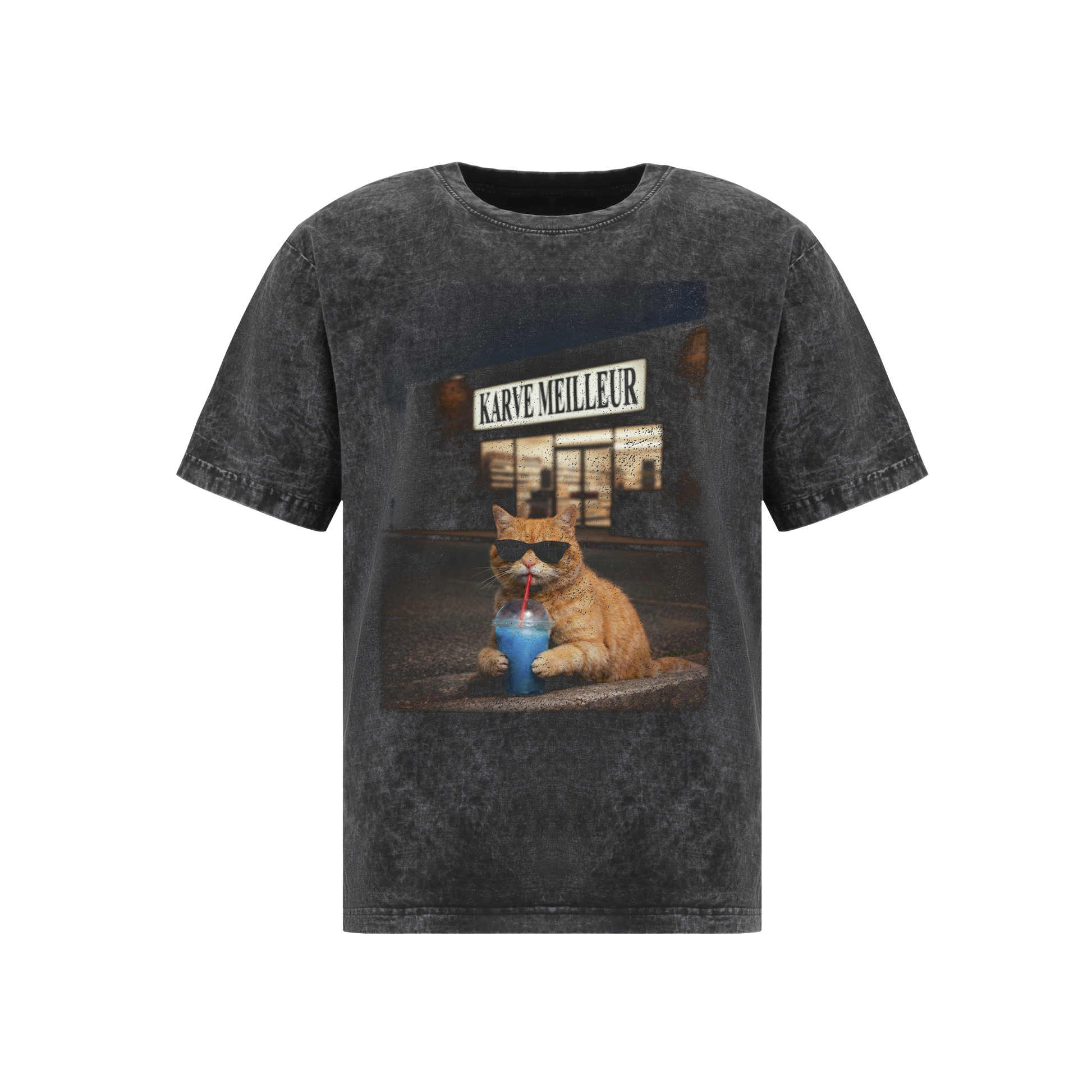 MIDNIGHT COOL CAT WASH T- SHIRT | Vintage Acid Wash Graphic Tee - Gothic Boxy Fit Streetwear Shirt