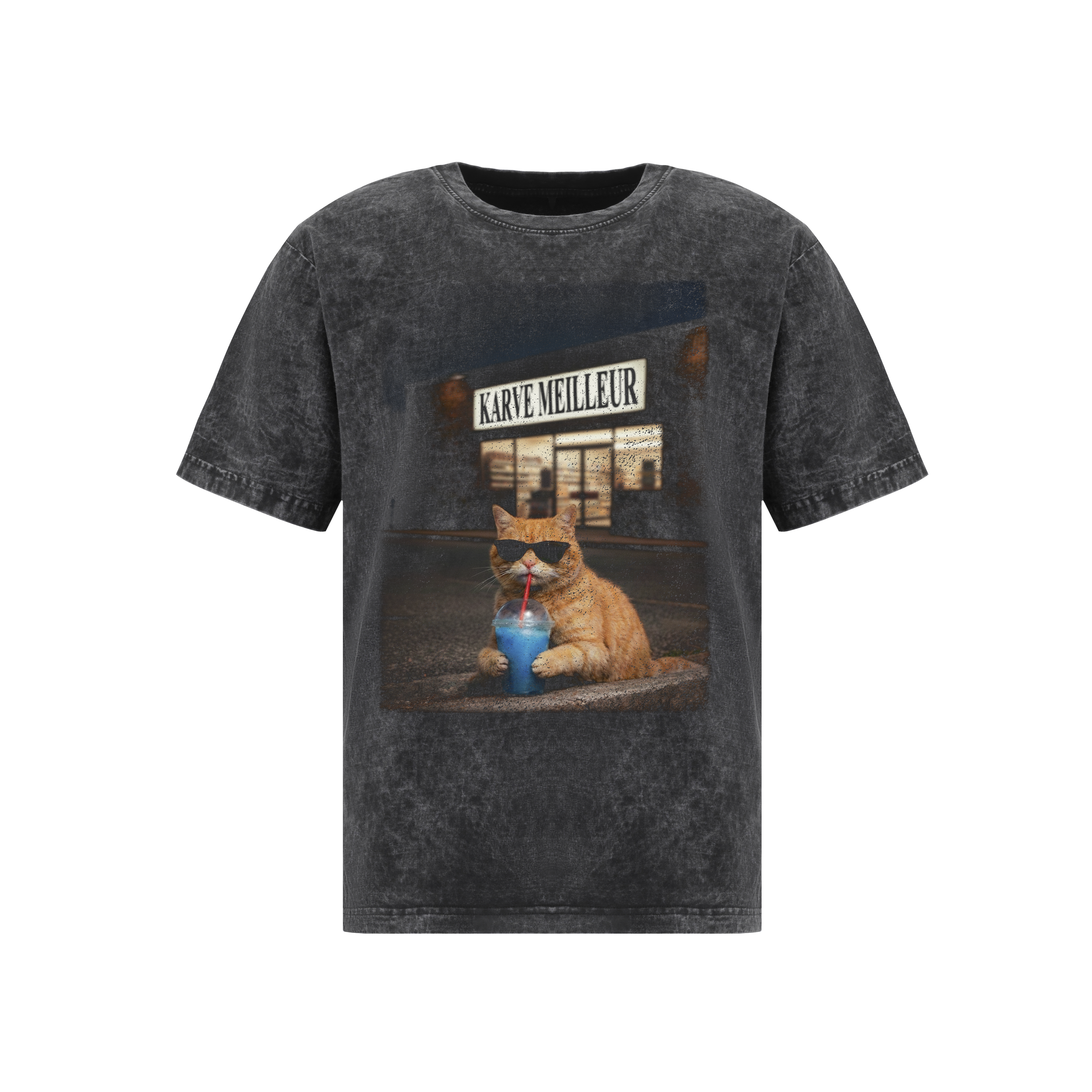 MIDNIGHT COOL CAT WASH T- SHIRT | Vintage Acid Wash Graphic Tee - Gothic Boxy Fit Streetwear Shirt
