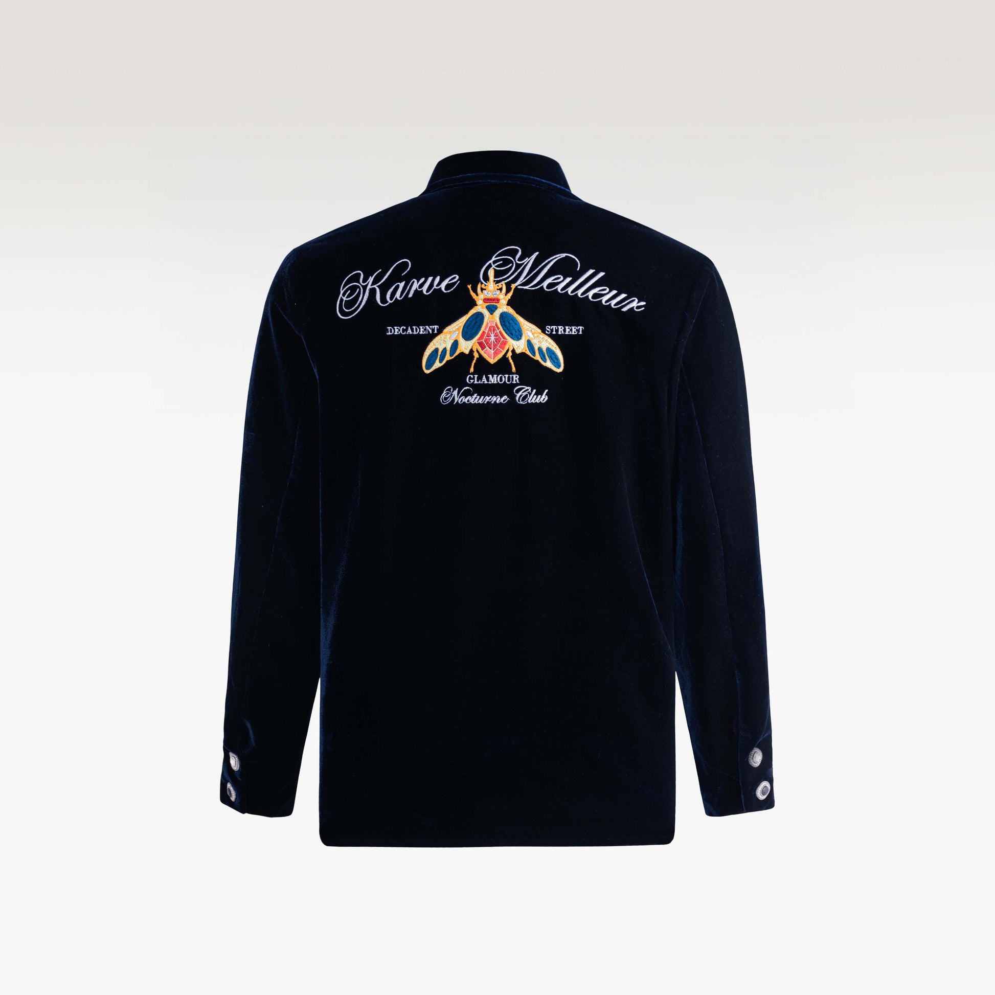 Navy Reverie Jacket |  Luxury Velvet Street Style Jacket, Signature Embroidered Decadent Bee