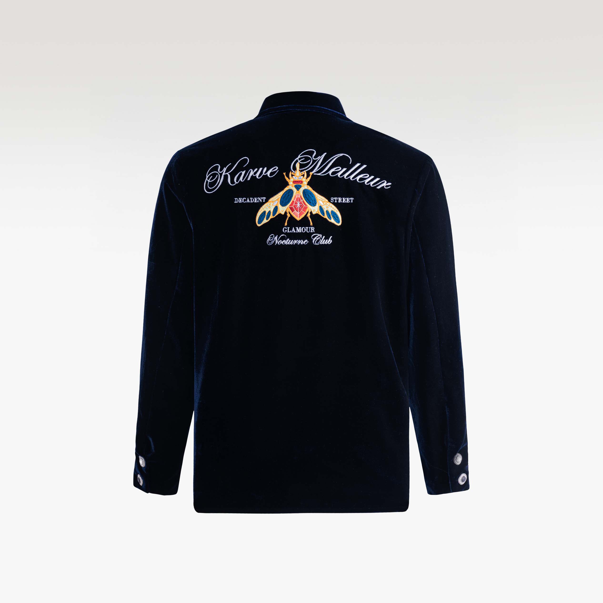 Navy Reverie Jacket |  Luxury Velvet Street Style Jacket, Signature Embroidered Decadent Bee