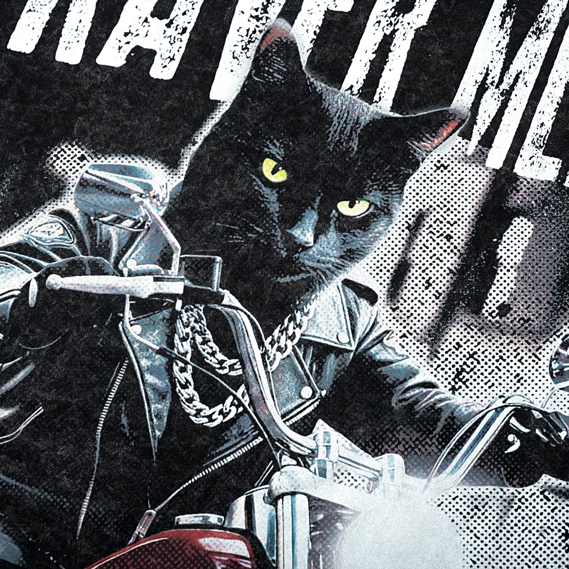 NIGHT RIDER CAT WASH T- SHIRT | Vintage Acid Wash Graphic Tee - Gothic Boxy Fit Streetwear Shirt