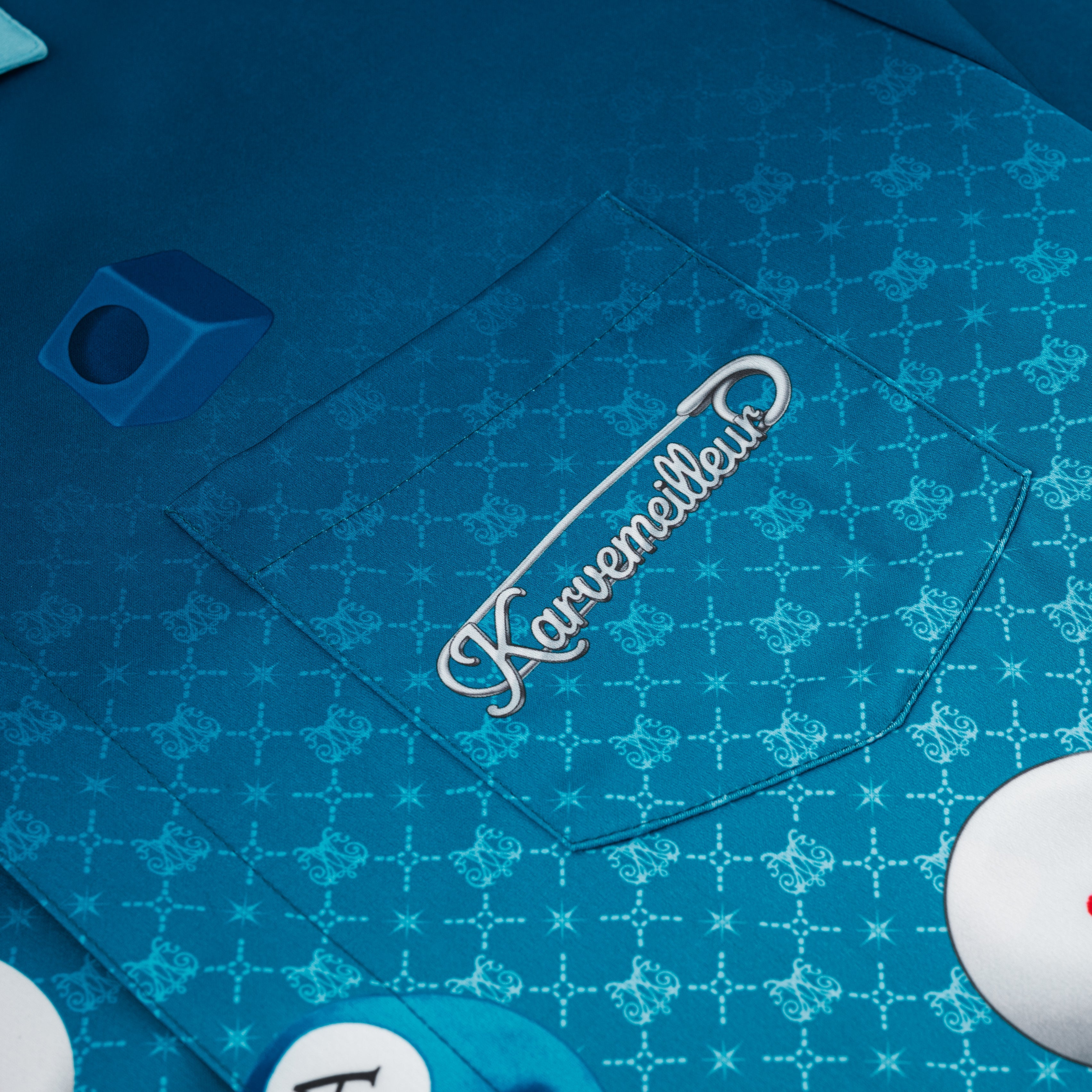 8Pools Blue Silk Shirt | Printed Silk Taffeta Cuban Collar Short Sleeve Nightlife Billiard Game