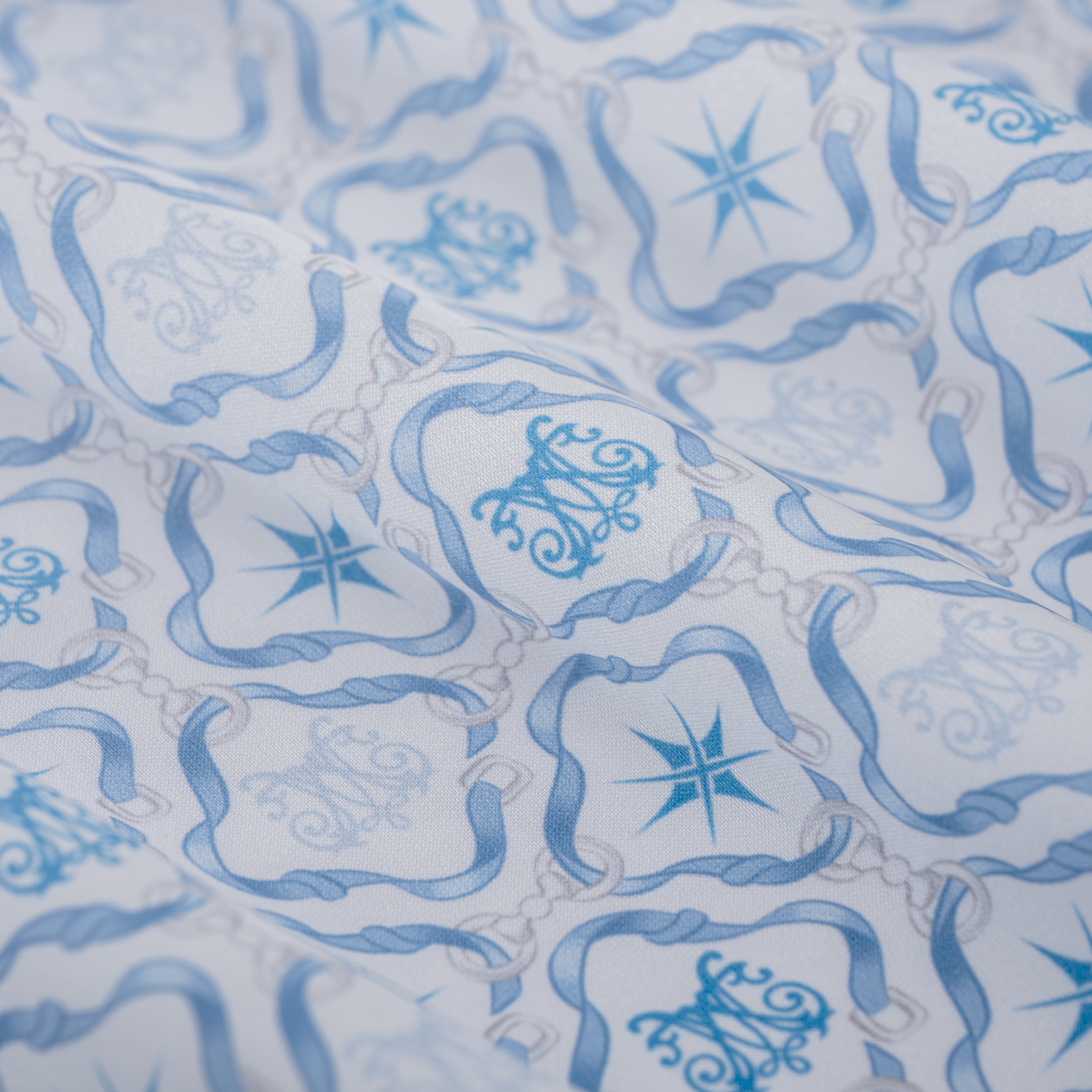 K Mania Blue Silk Shirt | Printed Silk Short-Sleeve Luxury Monogram Design