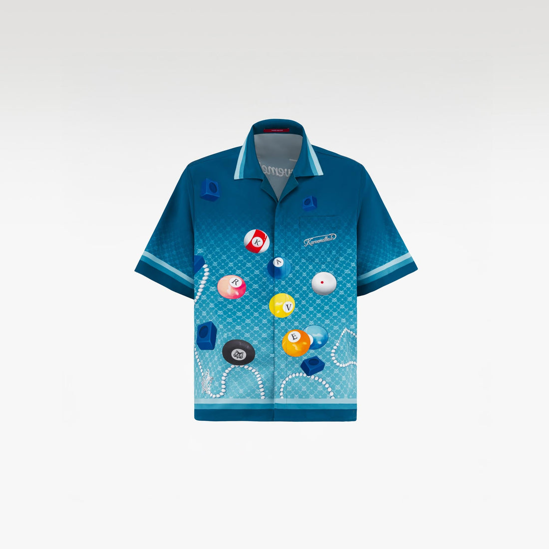 8Pools Blue Silk Shirt | Printed Silk Taffeta Cuban Collar Short Sleeve Nightlife Billiard Game