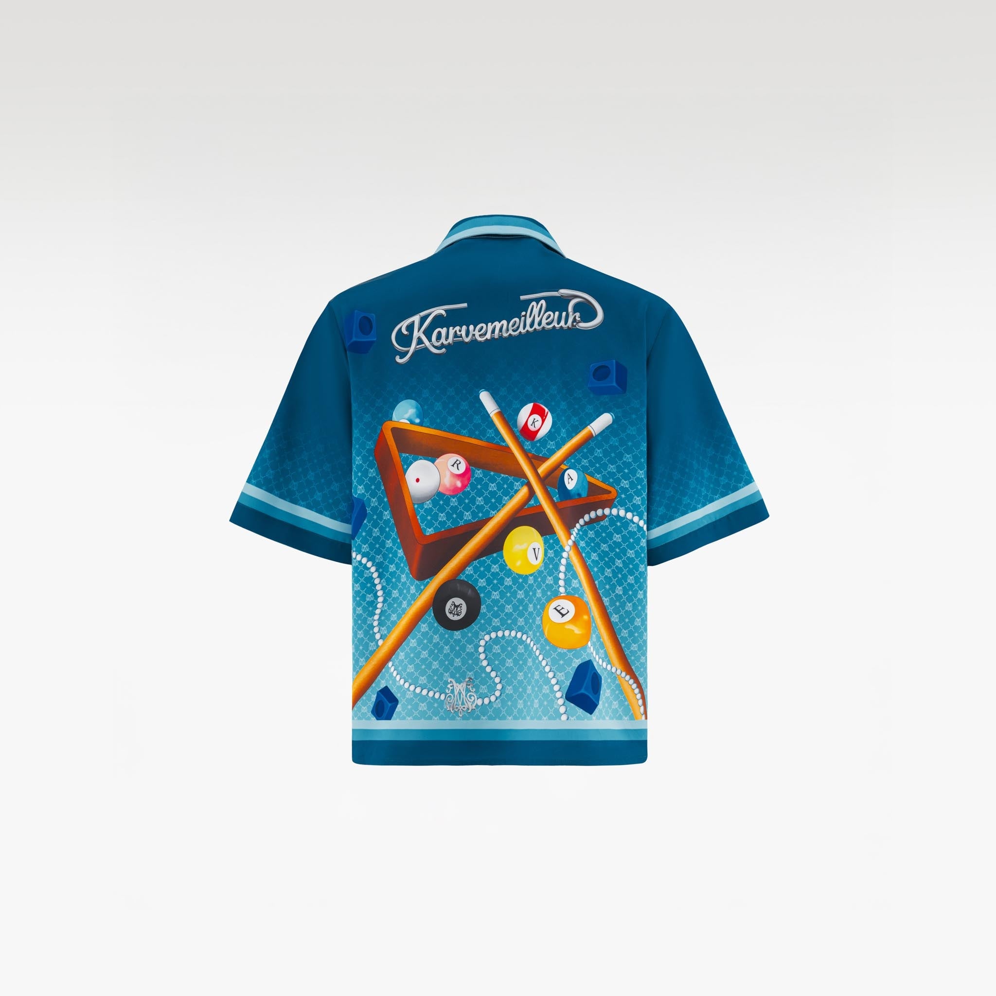 8Pools Blue Silk Shirt | Printed Silk Taffeta Cuban Collar Short Sleeve Nightlife Billiard Game