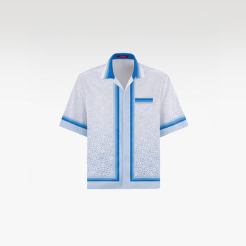 K Mania Blue Silk Shirt | Printed Silk Short-Sleeve Luxury Monogram Design