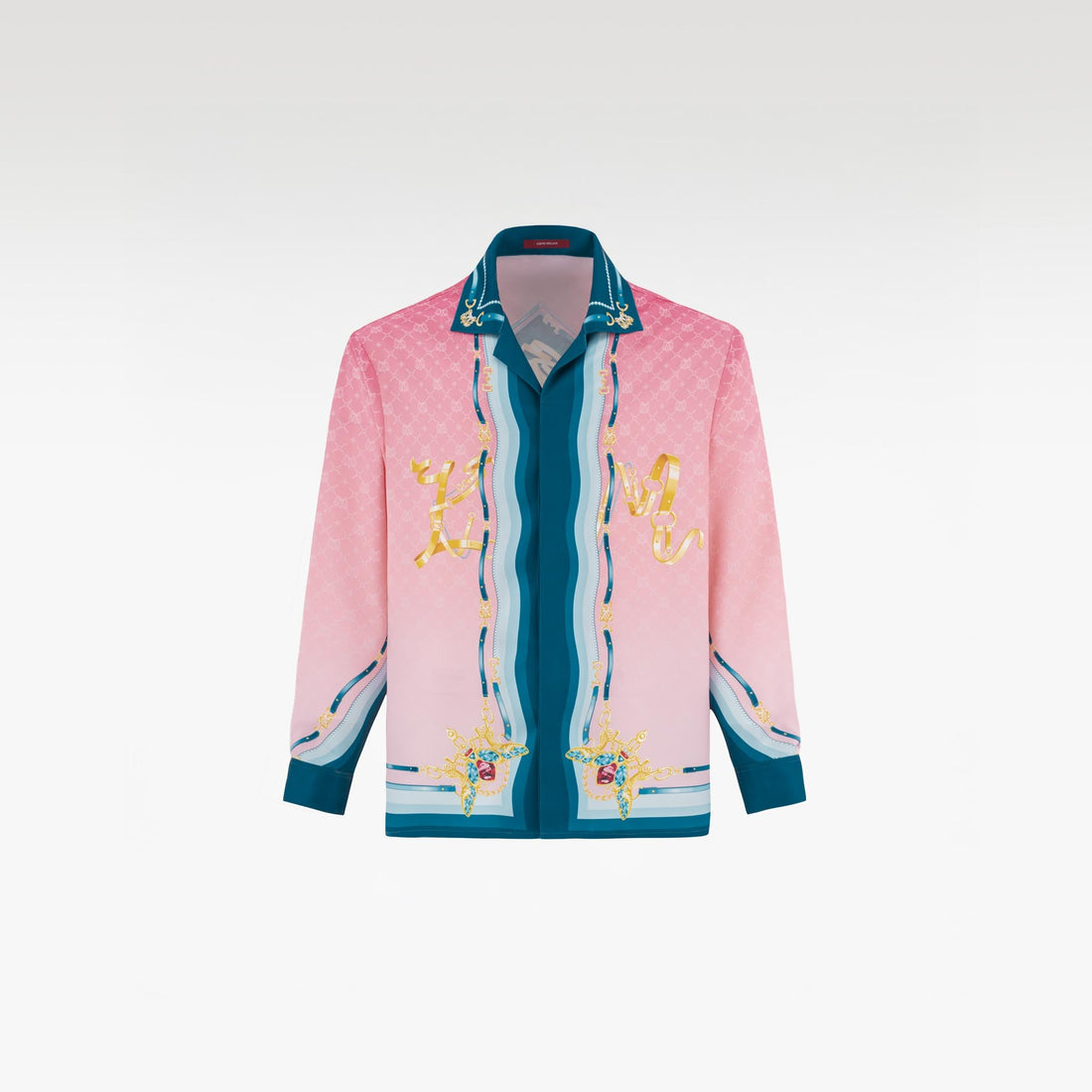 The Fancy Duke Long-Sleeve Silk Shirt | Decadent Printed Silk Taffeta Cuban Collar Jeweled Beetle