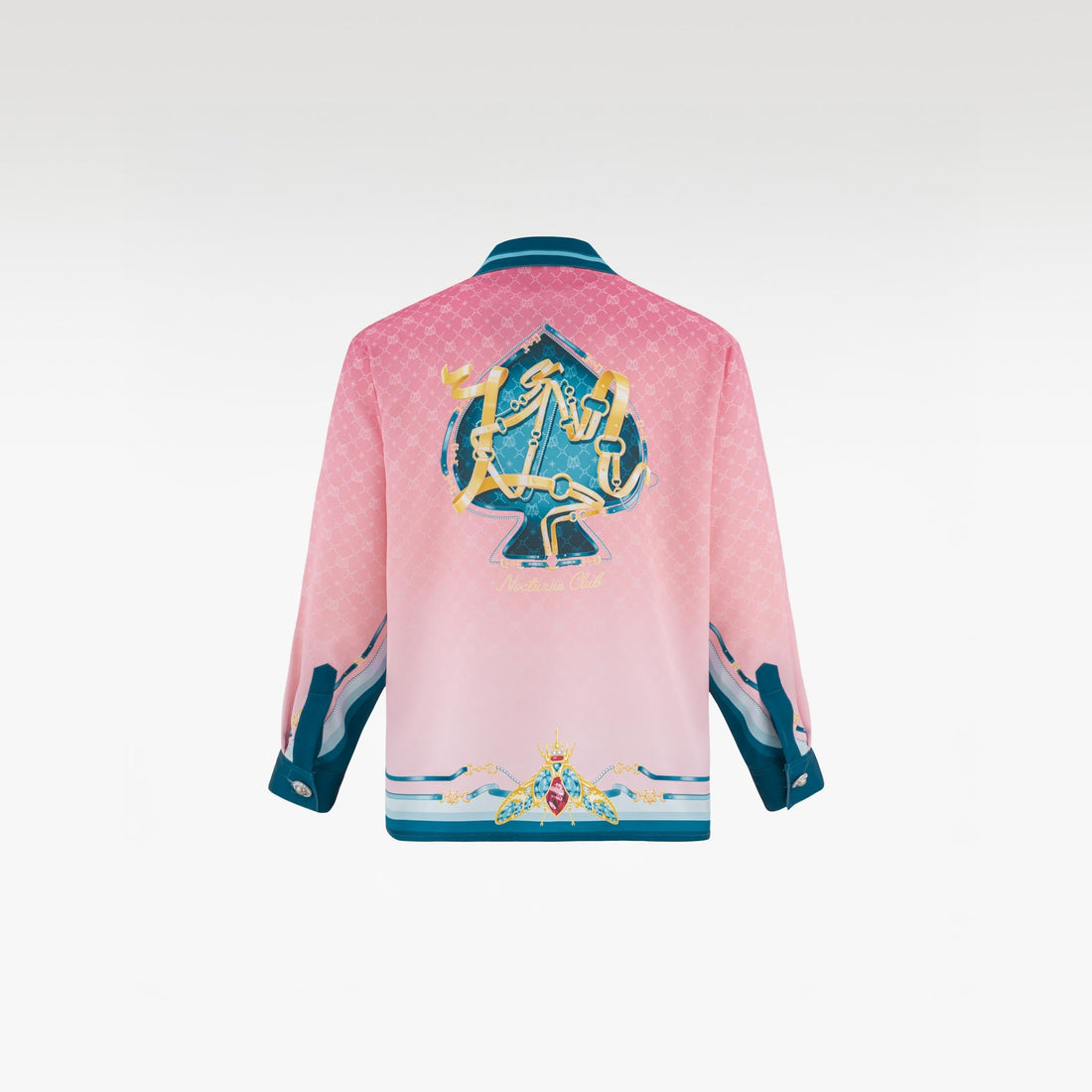 The Fancy Duke Long-Sleeve Silk Shirt | Decadent Printed Silk Taffeta Cuban Collar Jeweled Beetle