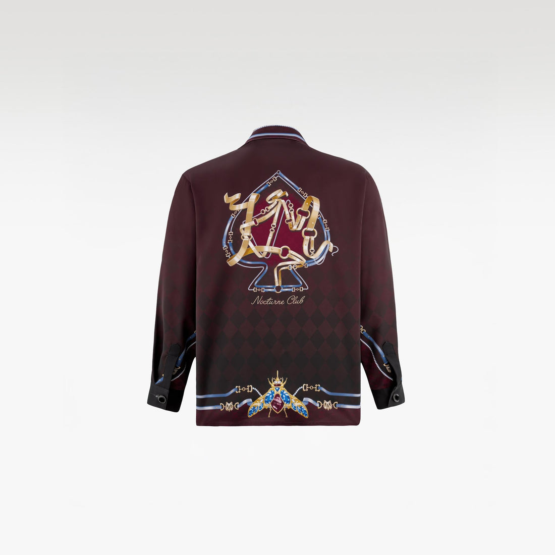 The Night Duke Long-Sleeve Silk Shirt | Designer Silk Taffeta Card Print Cuban Collar Shirt