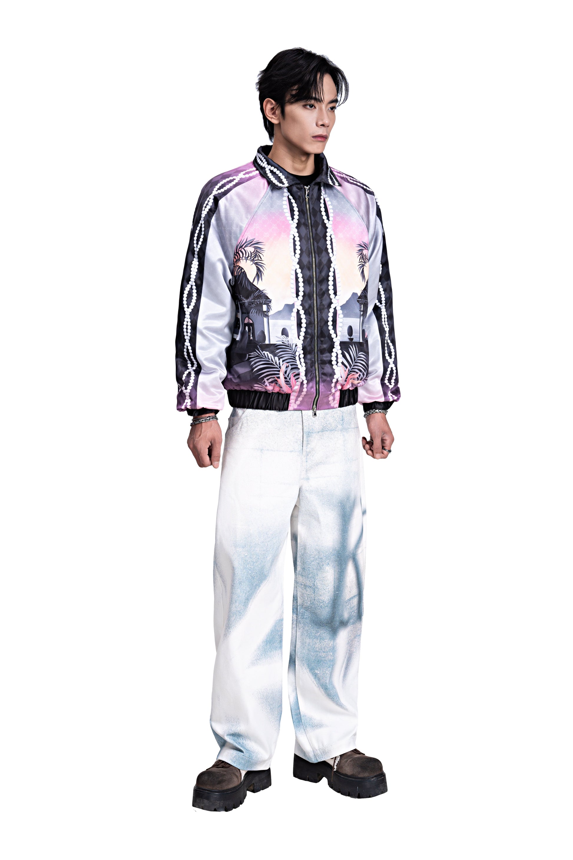 The Midnight Luxe Bomber Silk Jacket | Premium Silk Satin Tropical Twilight Scene Print