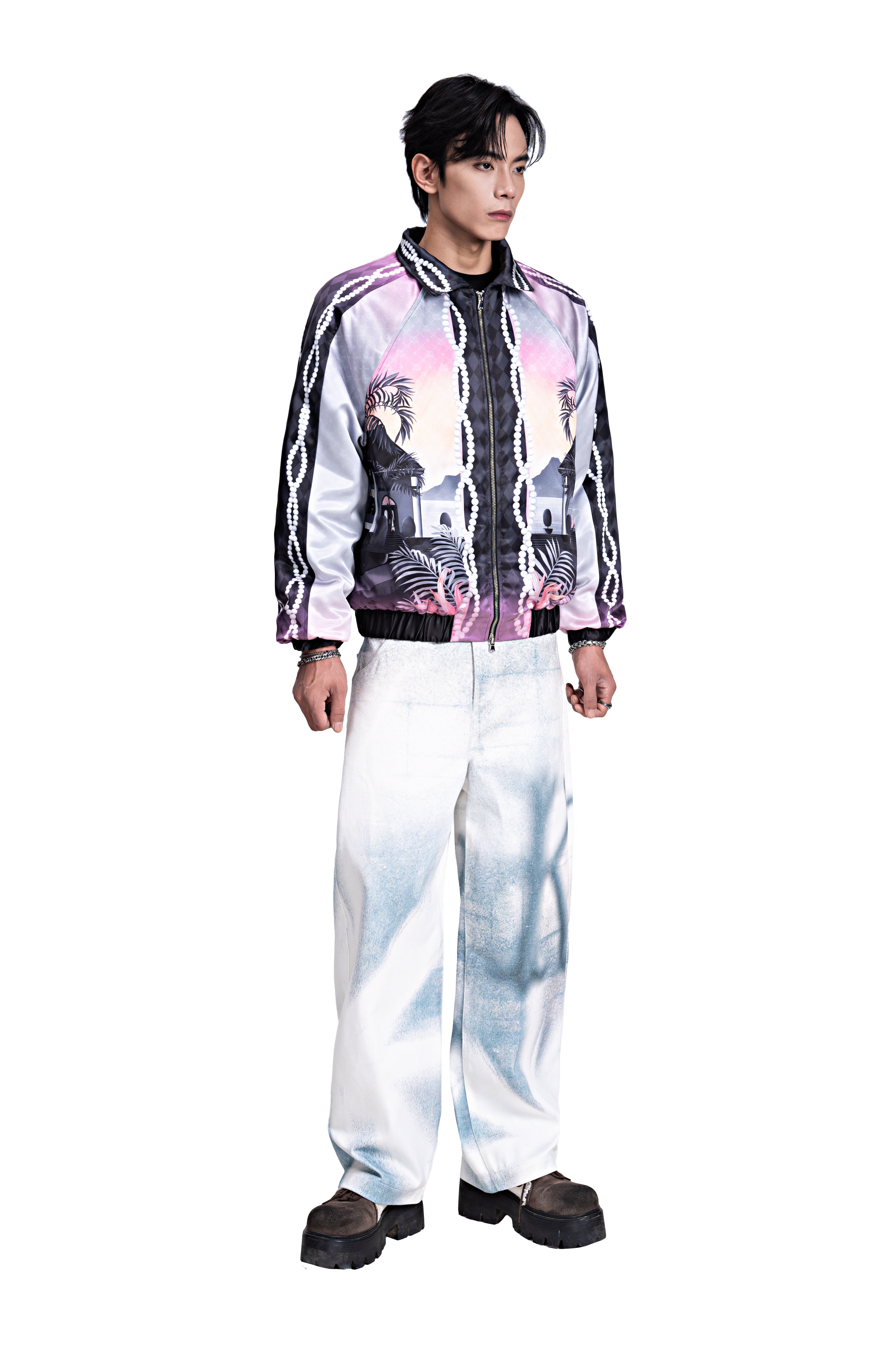 The Midnight Luxe Bomber Silk Jacket | Premium Silk Satin Tropical Twilight Scene Print