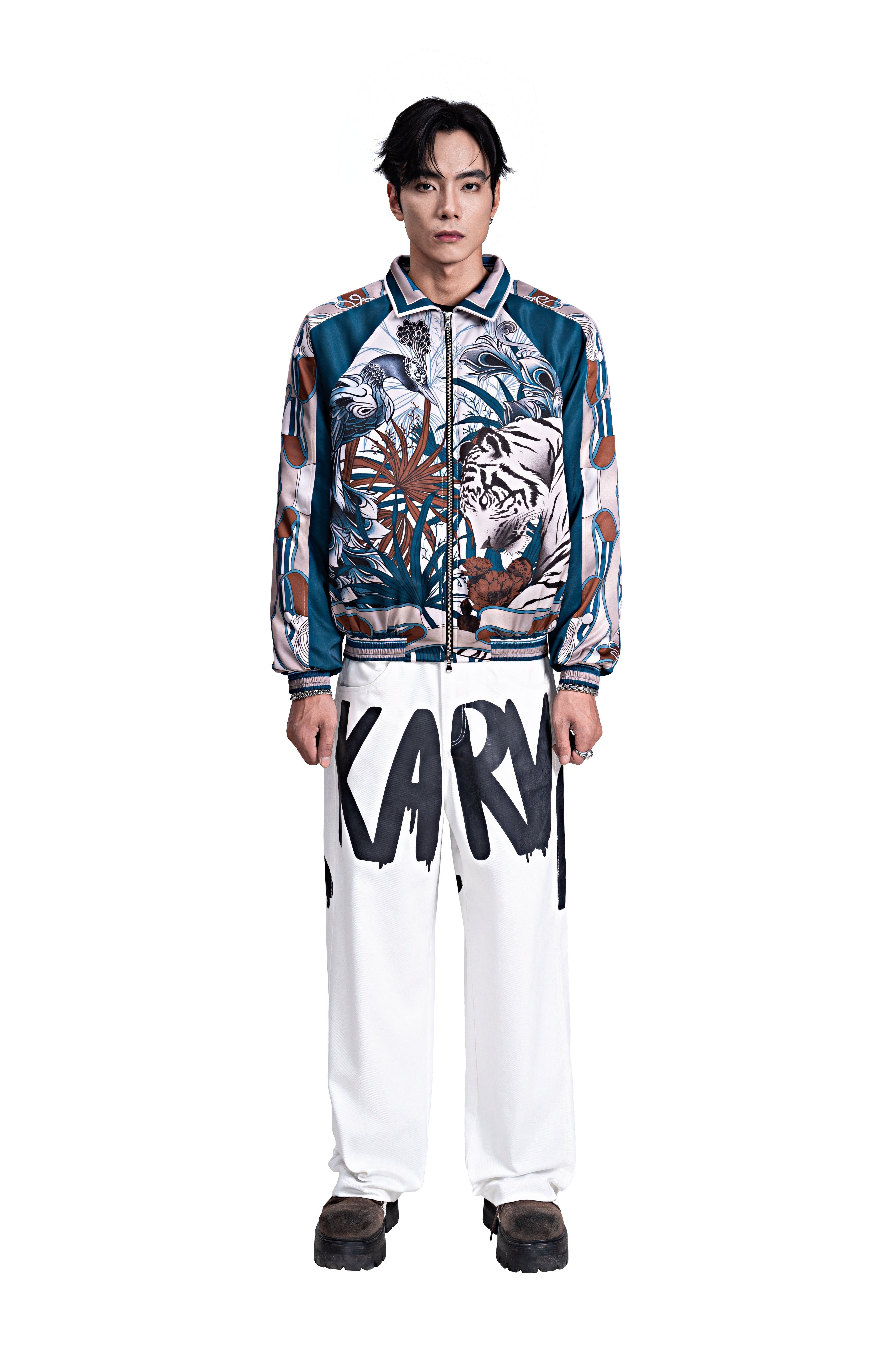 The Apex Safari Silk Bomber Jacket | Premium Satin Tropical Wildlife Print