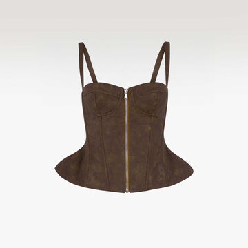 Sierra Faux Leather Corset | Premium Marbled Brown Luxury Peplum Top