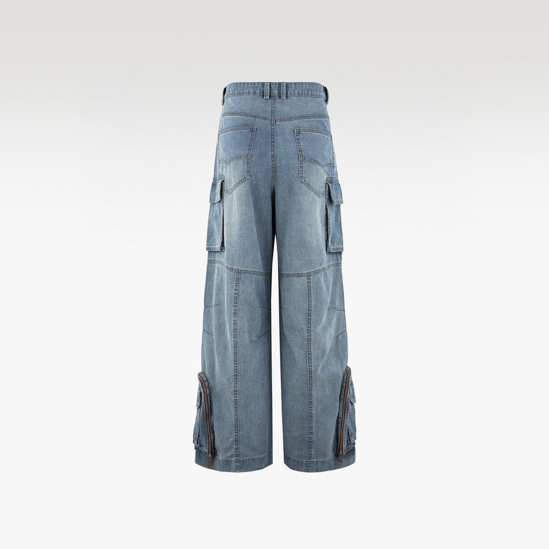 Fade Multi Zip Cargo Pants | Heavyweight Wide Leg Denim - Vintage Indigo Fade Multi-Pocket Streetwear