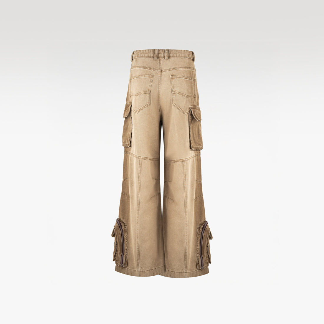 Dune Multi Zip Cargo Pants | Heavyweight Wide Leg Denim - Vintage Sand Wash Earth Tone Streetwear