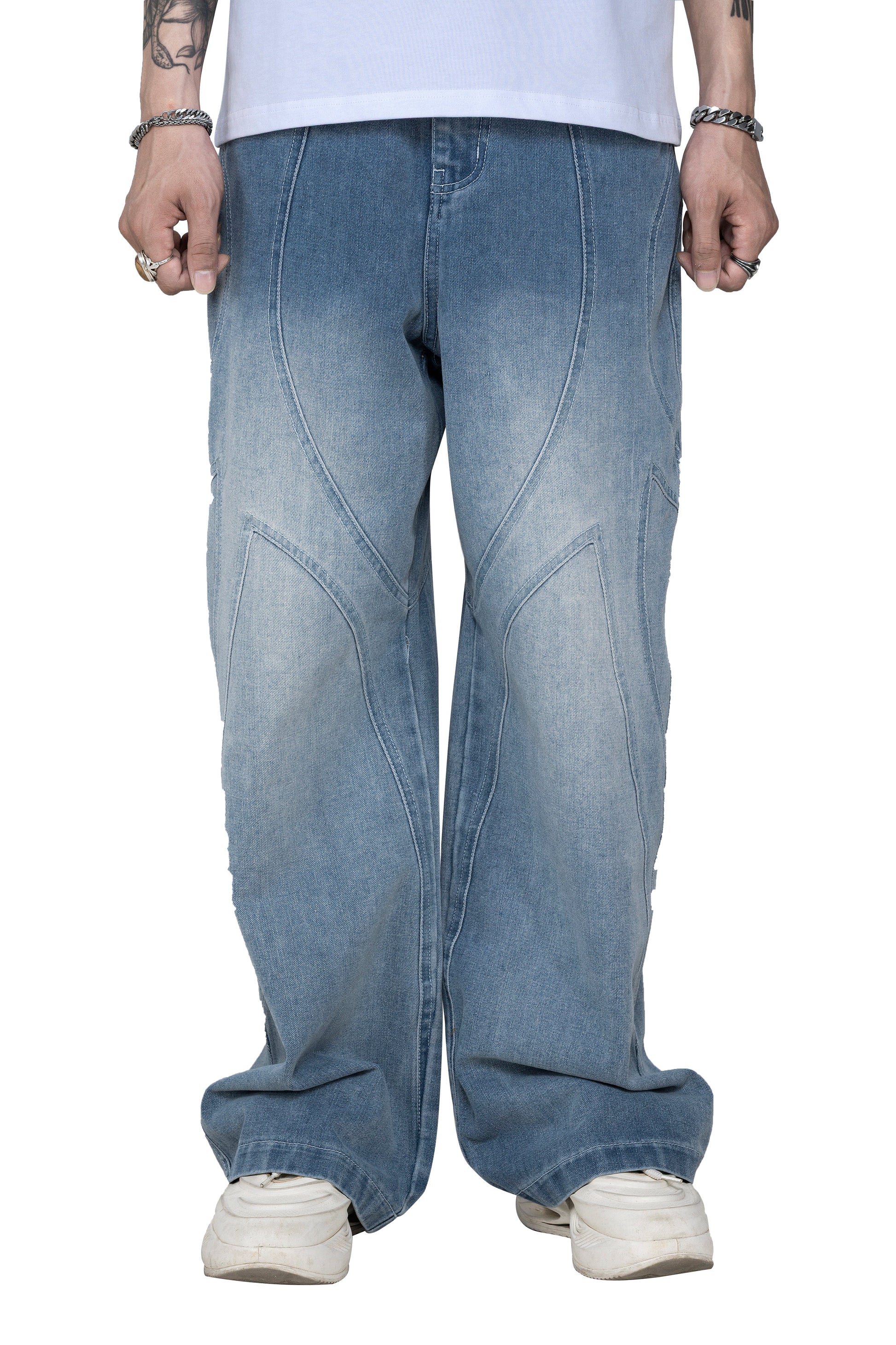 Fade ARC Jeans | Curved Paneled Wide-Leg Denim - Vintage Indigo Fade Streetwear Pants