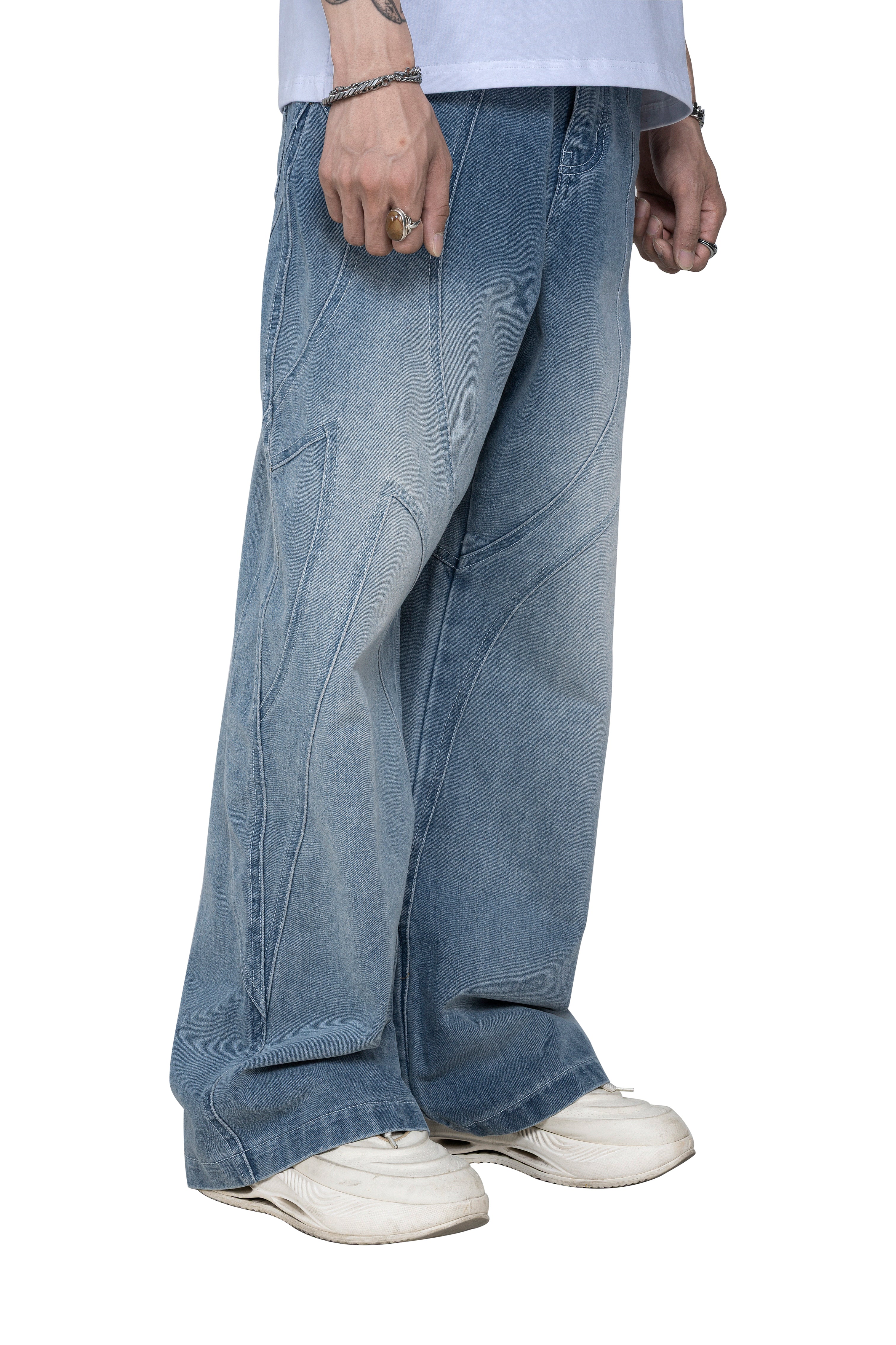 Fade ARC Jeans | Curved Paneled Wide-Leg Denim - Vintage Indigo Fade Streetwear Pants