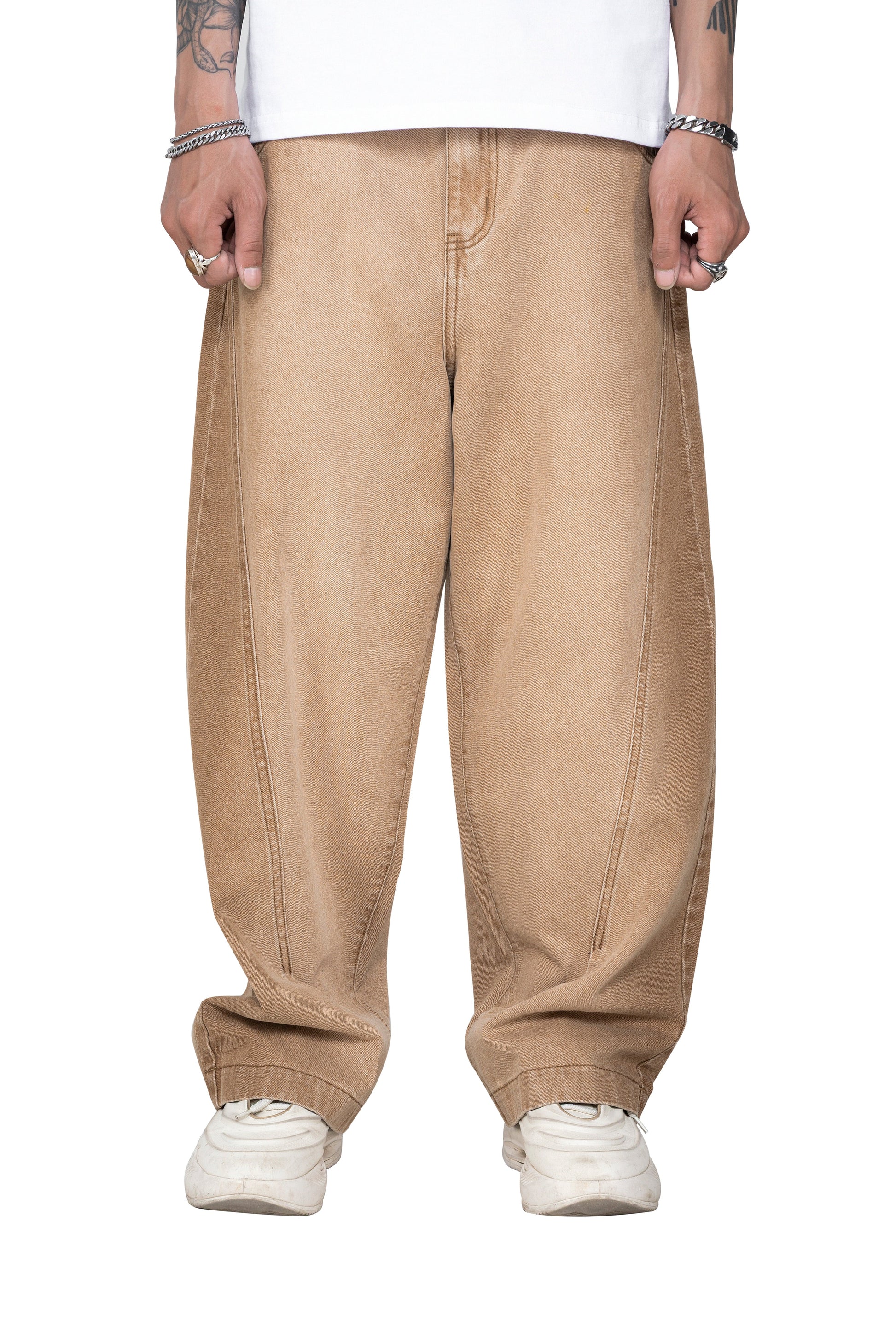 Dune Line Jeans | Wide Leg Paneled Denim - Vintage Sand Wash Earth Tone Streetwear Pants