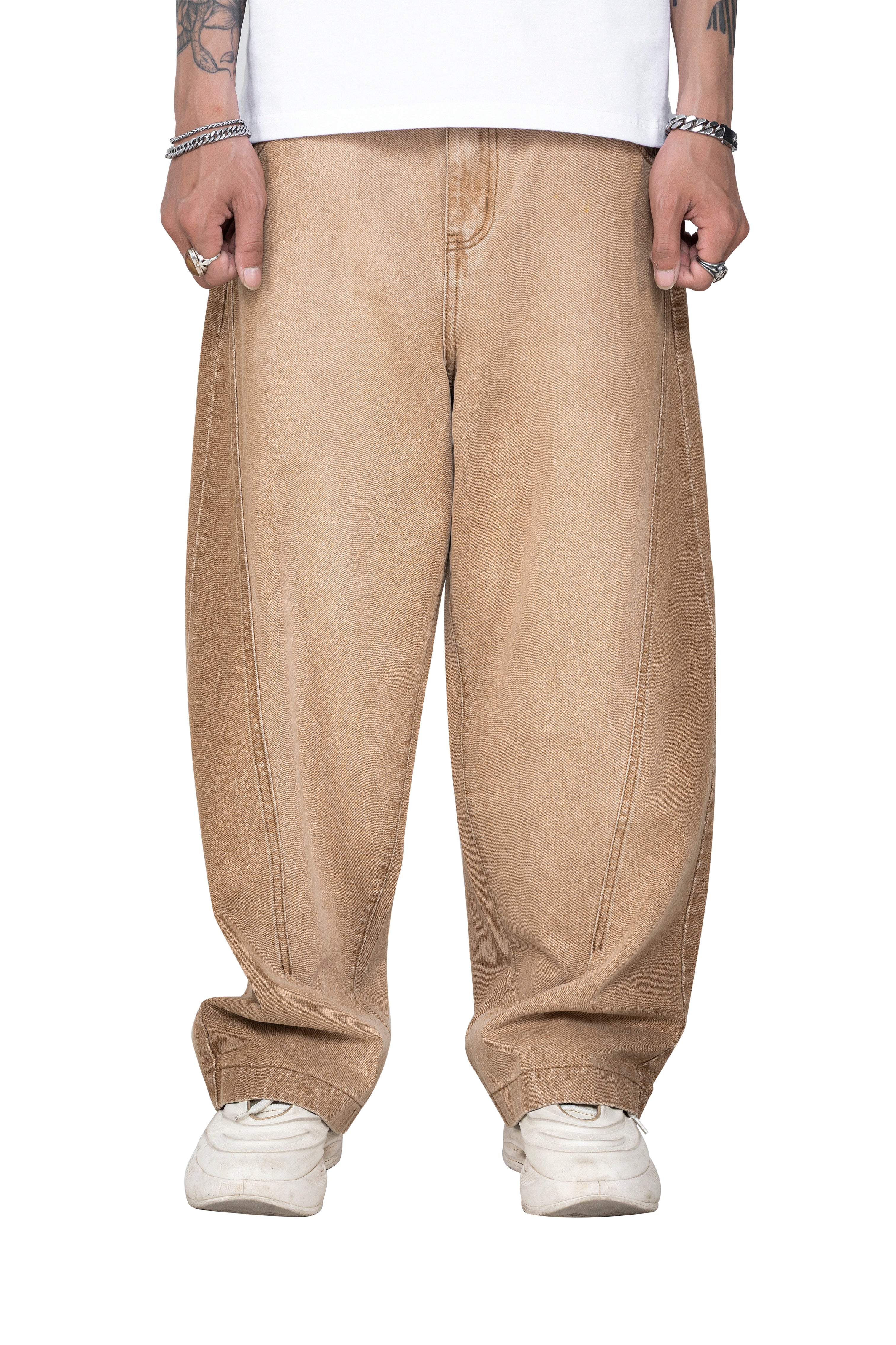 Dune Line Jeans | Wide Leg Paneled Denim - Vintage Sand Wash Earth Tone Streetwear Pants