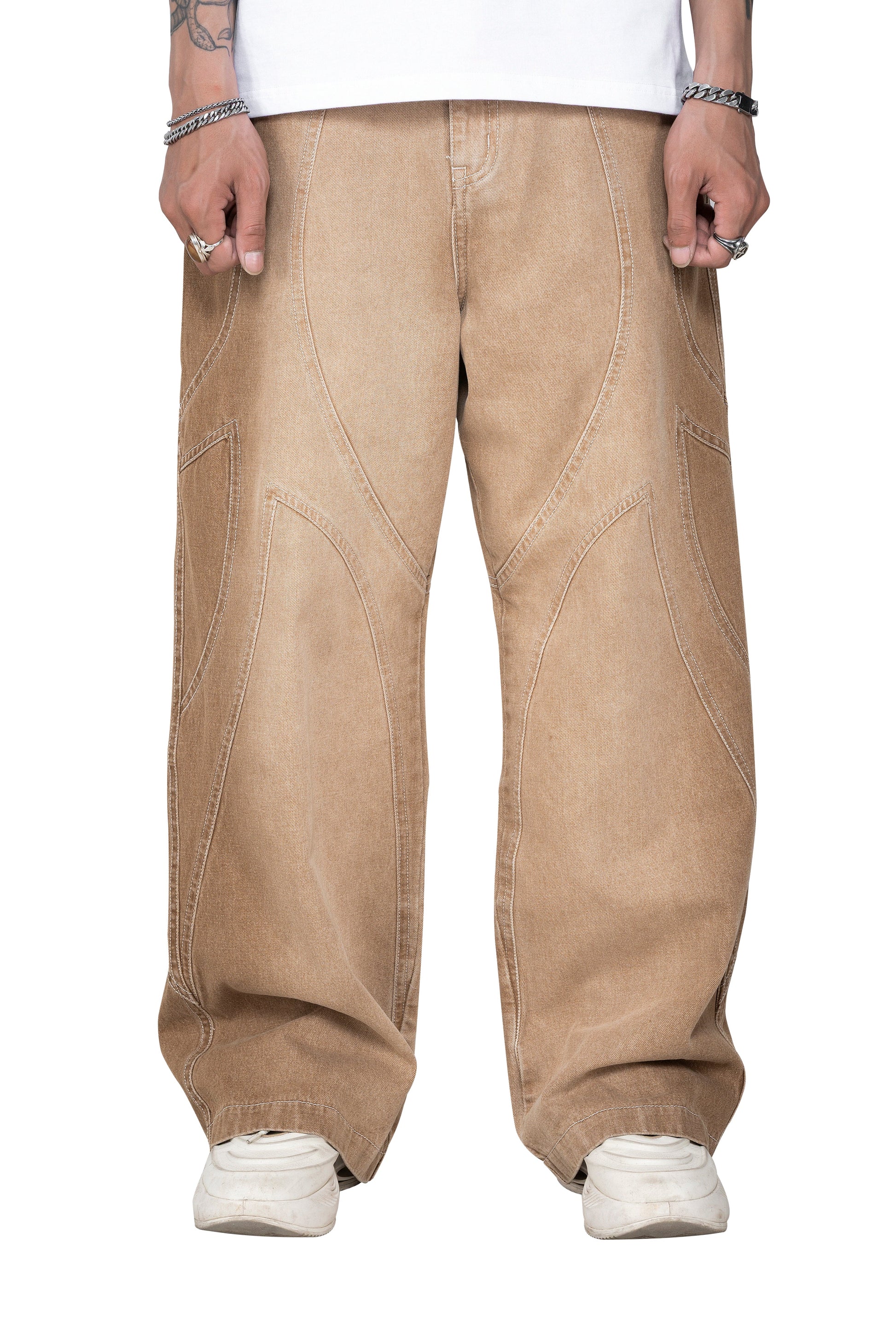 Dune ARC Jeans | Curved Paneled Wide-Leg Denim - Vintage Sand Wash Streetwear Pants