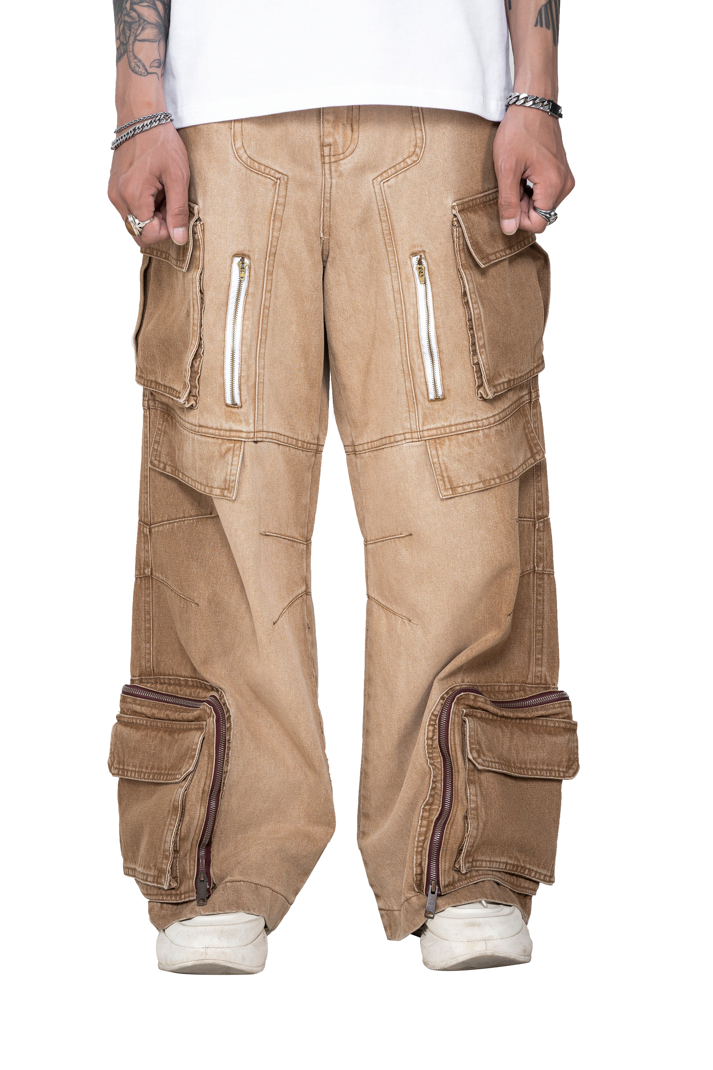 Dune Multi Zip Cargo Pants | Heavyweight Wide Leg Denim - Vintage Sand Wash Earth Tone Streetwear
