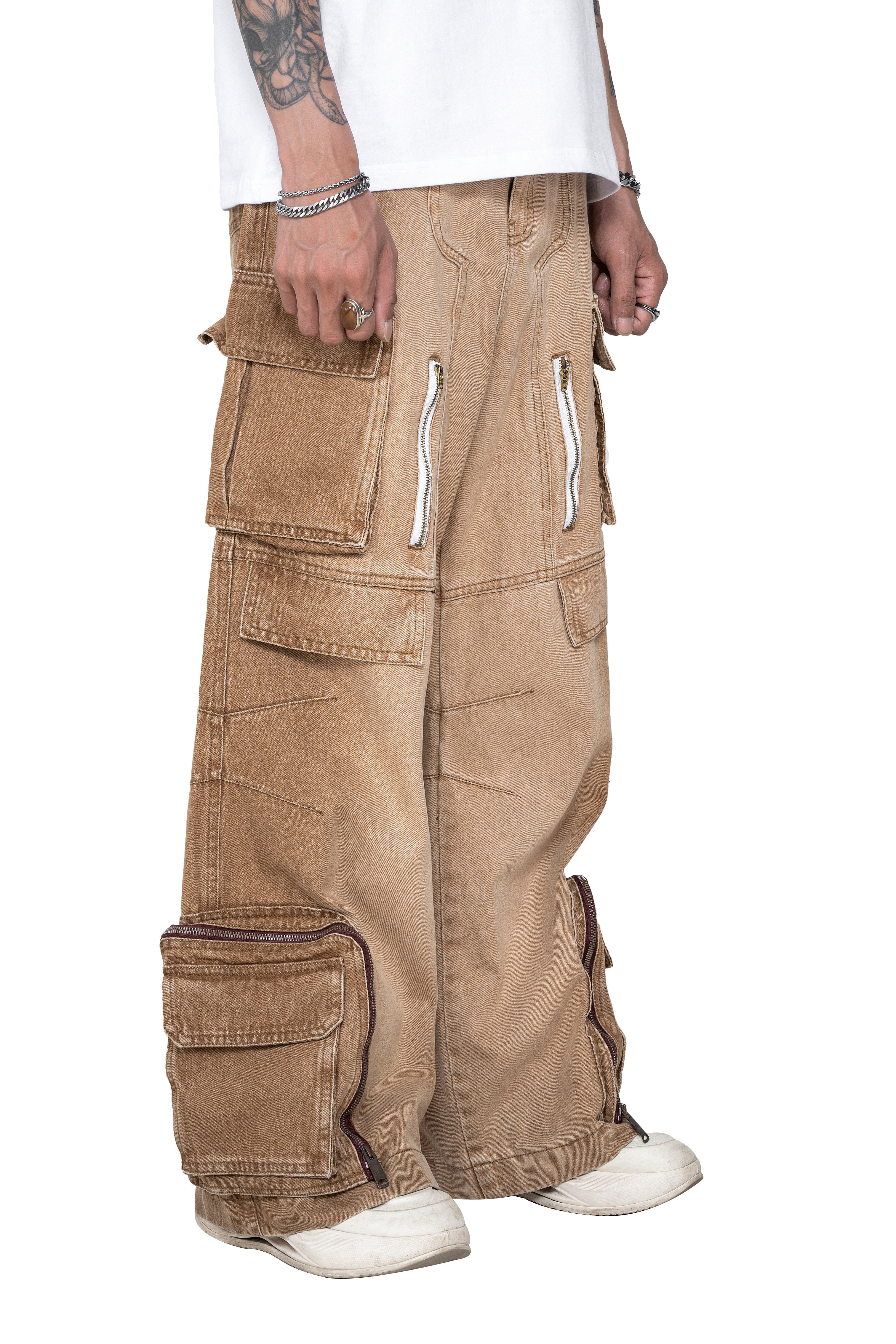 Dune Multi Zip Cargo Pants | Heavyweight Wide Leg Denim - Vintage Sand Wash Earth Tone Streetwear