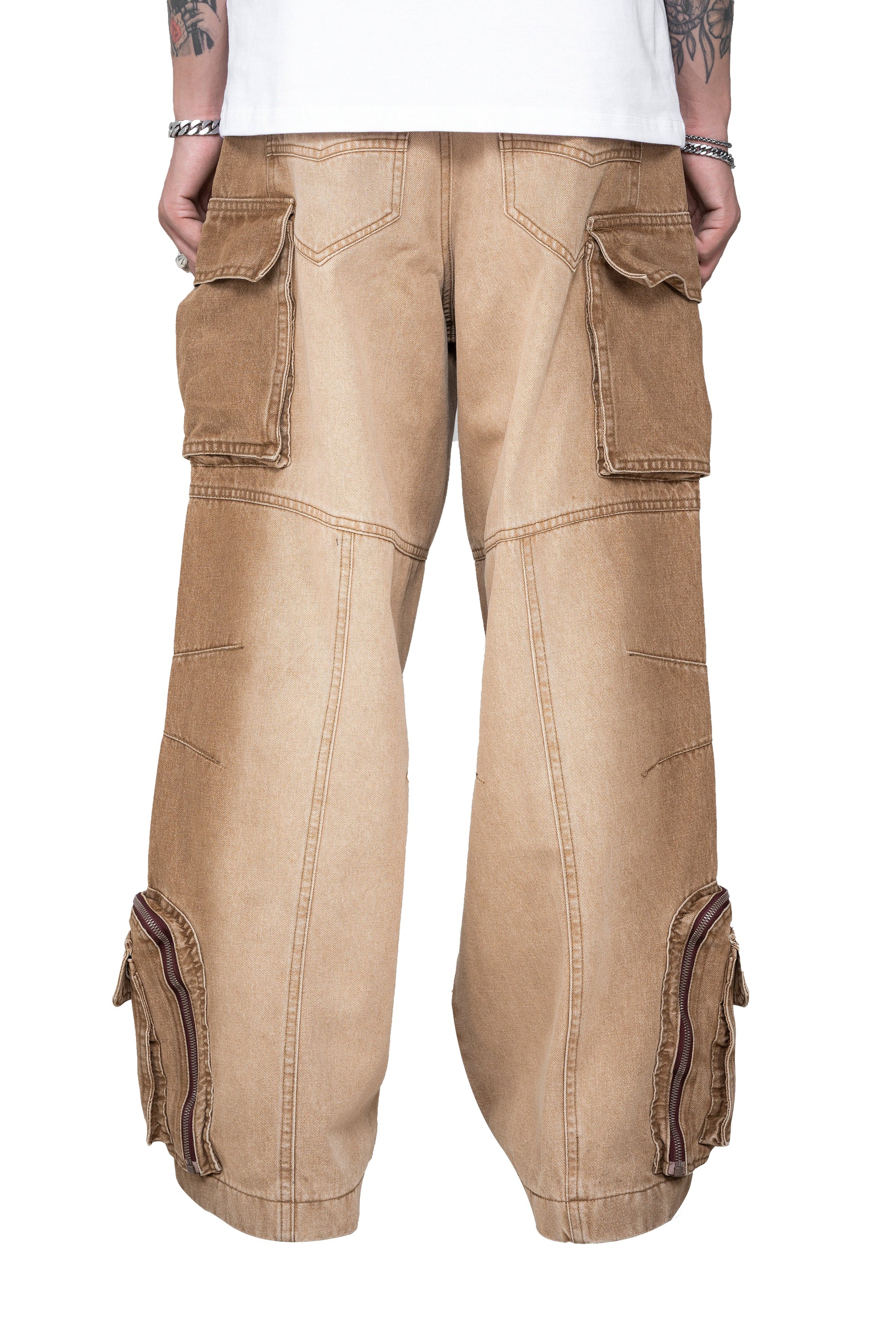 Dune Multi Zip Cargo Pants | Heavyweight Wide Leg Denim - Vintage Sand Wash Earth Tone Streetwear