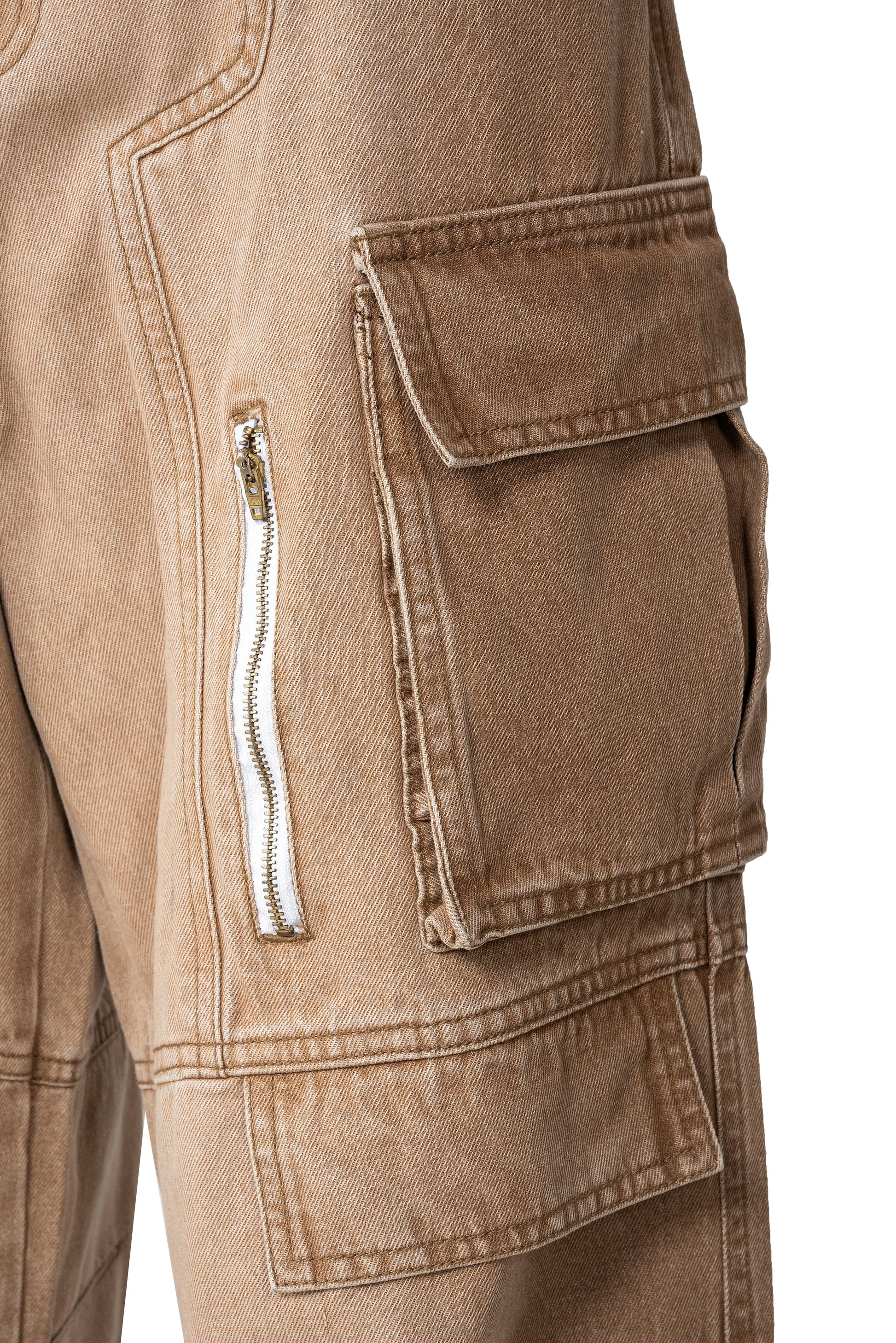 Dune Multi Zip Cargo Pants | Heavyweight Wide Leg Denim - Vintage Sand Wash Earth Tone Streetwear