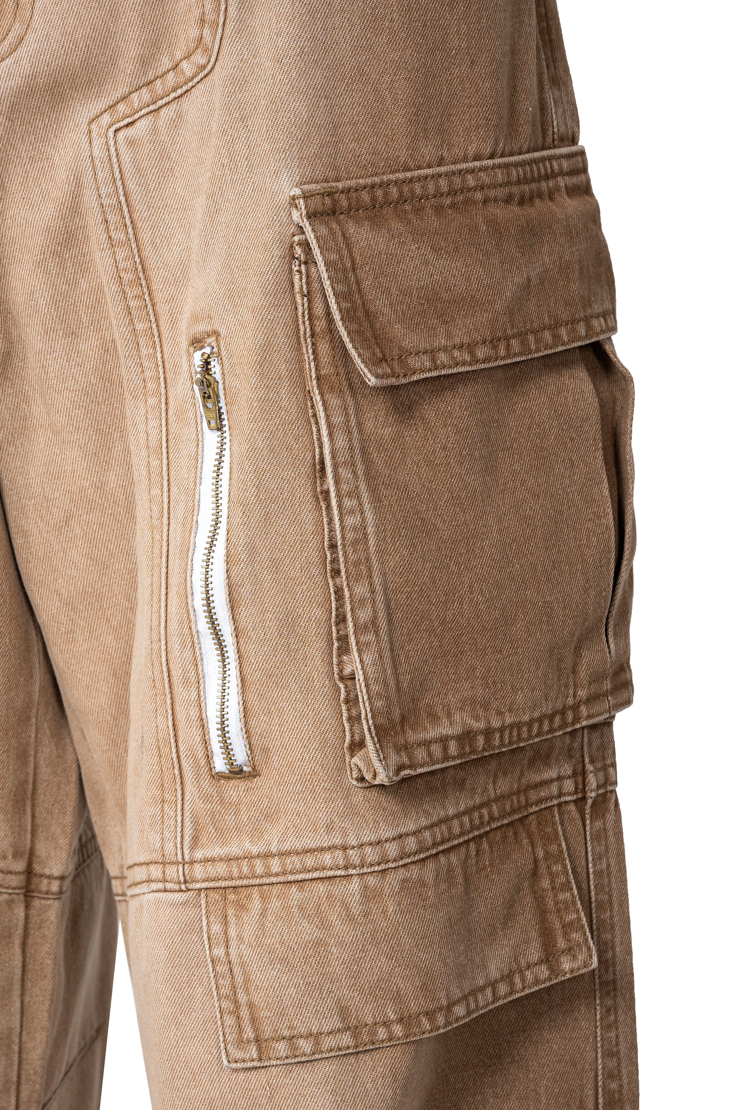 Dune Multi Zip Cargo Pants | Heavyweight Wide Leg Denim - Vintage Sand Wash Earth Tone Streetwear
