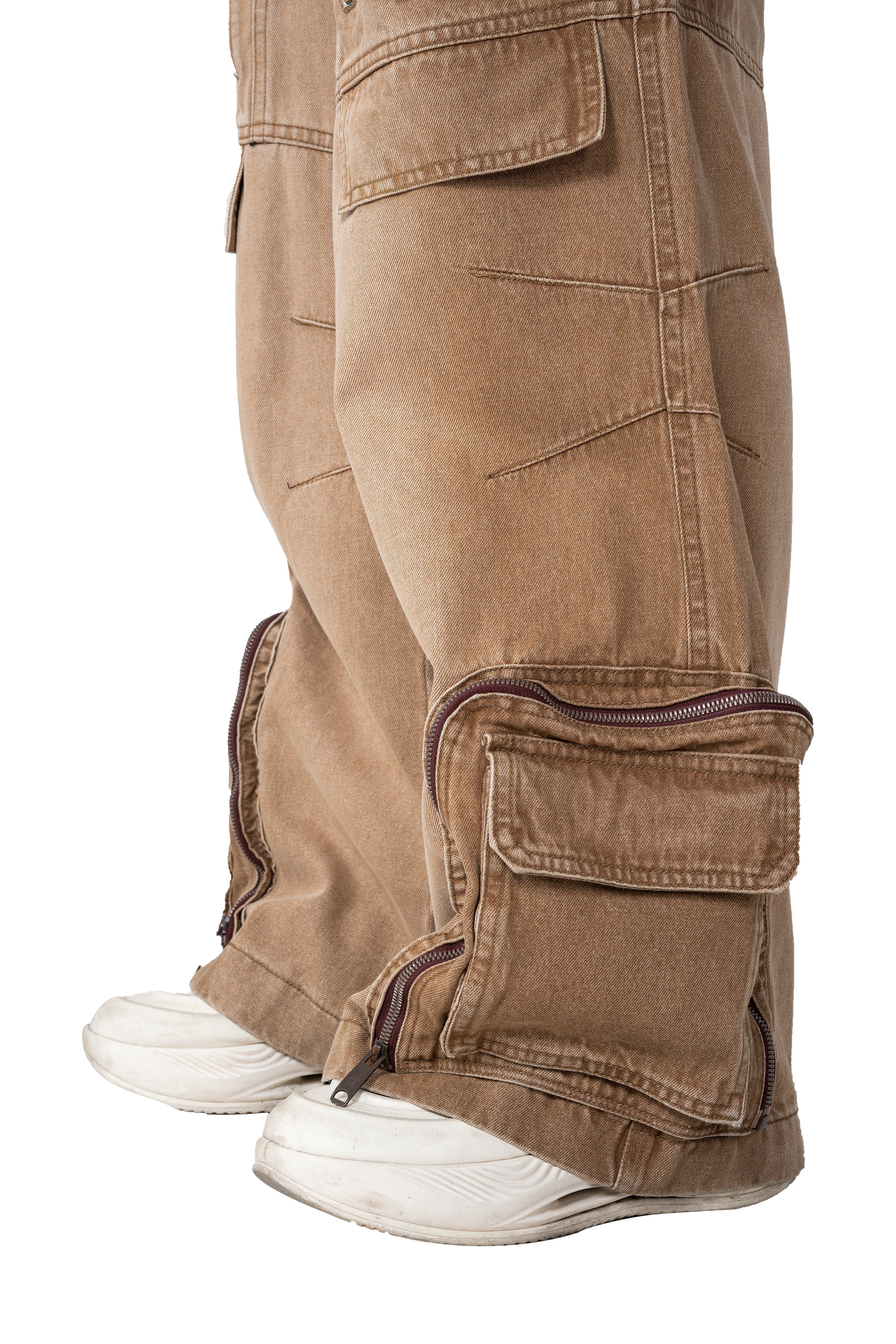 Dune Multi Zip Cargo Pants | Heavyweight Wide Leg Denim - Vintage Sand Wash Earth Tone Streetwear