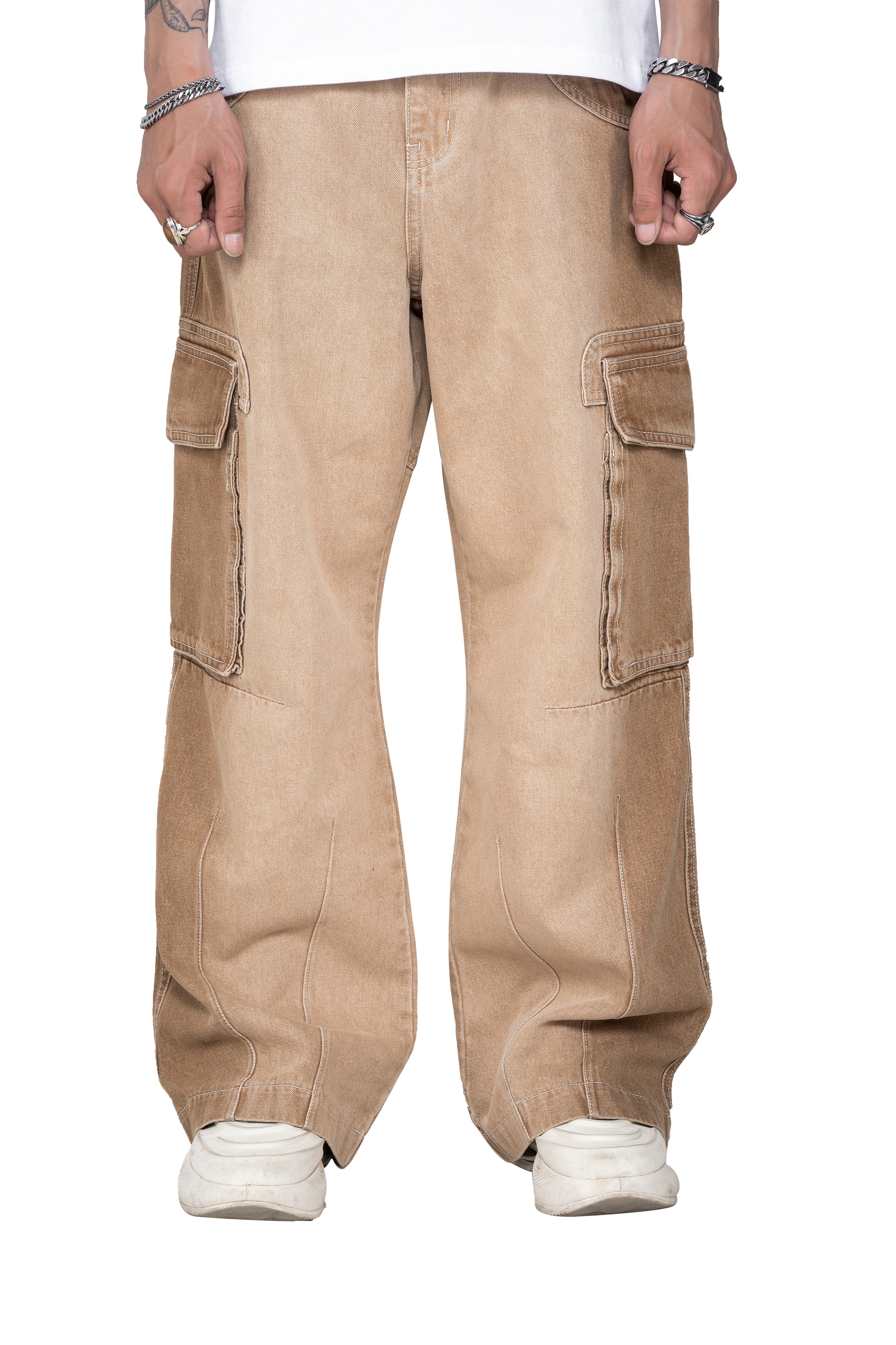 Dune Flow Cargo Pants | Streamlined Wide Leg Denim - Vintage Sand Wash Earth Tone Streetwear