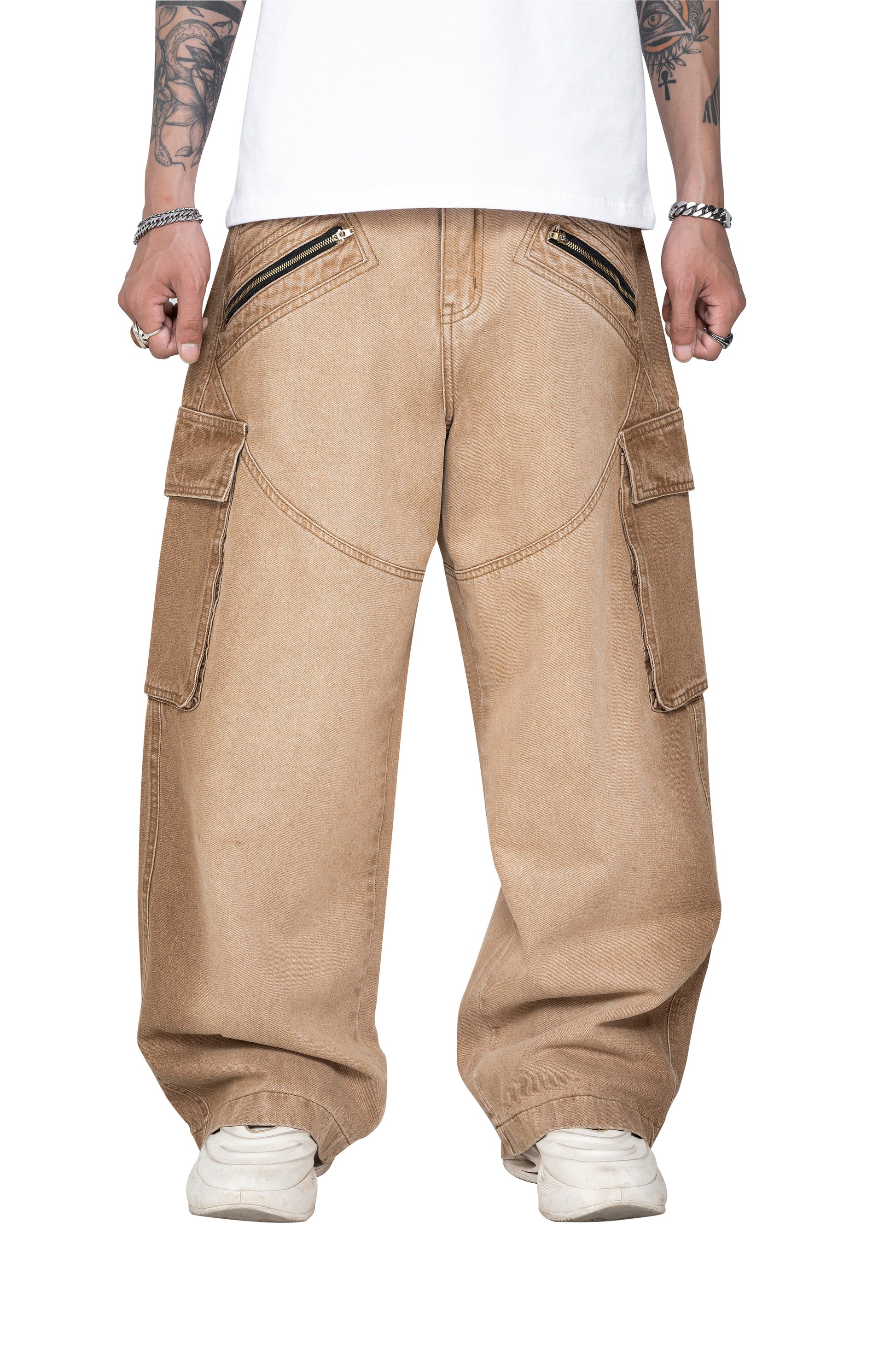 Dune Tact Zip Cargo Pants | Tactical Multi-Pocket Wide Leg Denim - Vintage Sand Wash Earth Tone Techwear