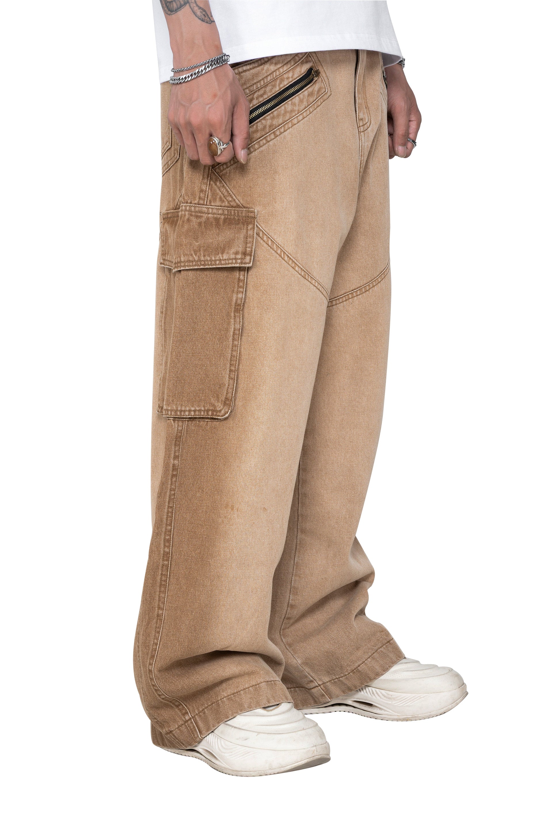 Dune Tact Zip Cargo Pants | Tactical Multi-Pocket Wide Leg Denim - Vintage Sand Wash Earth Tone Techwear