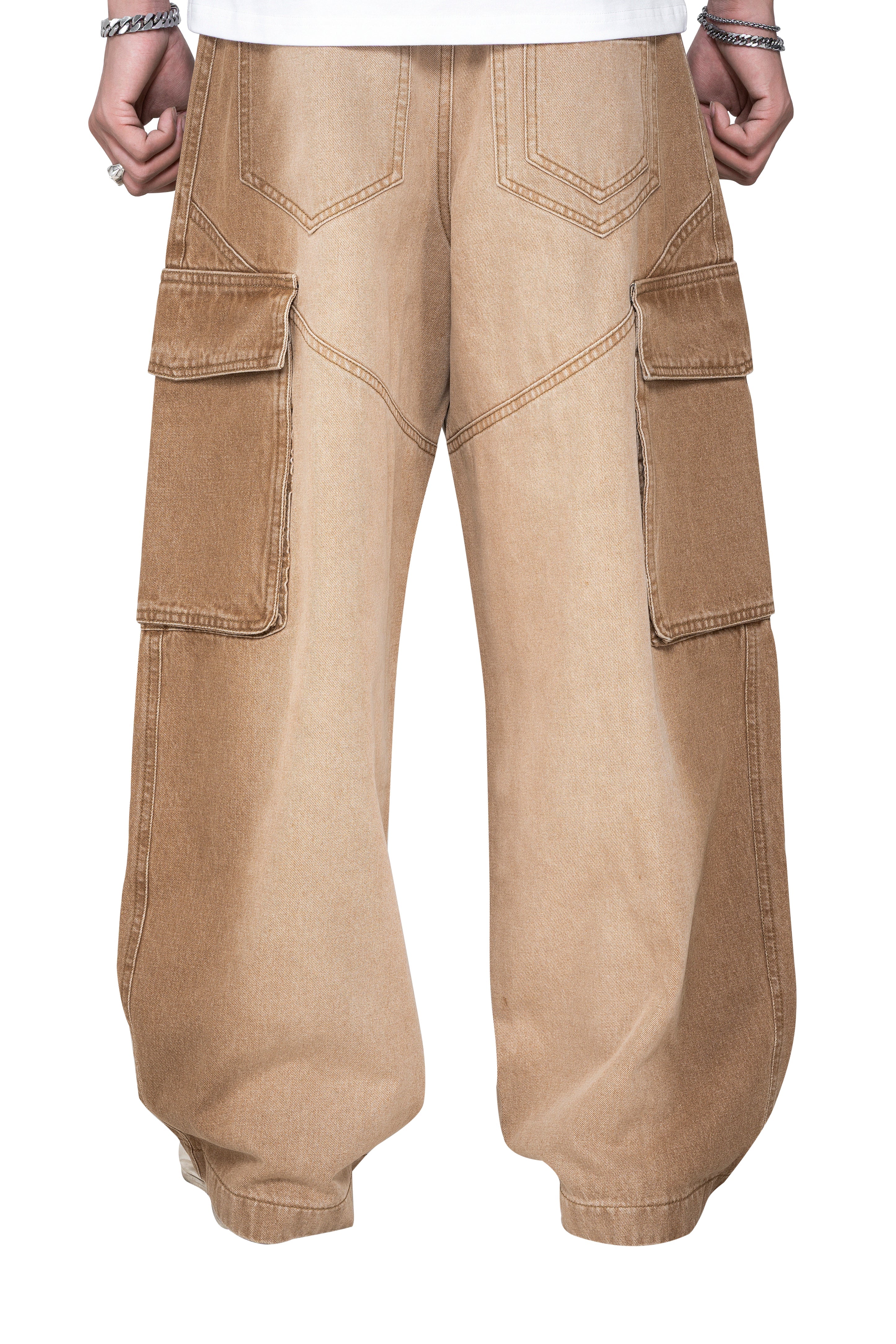 Dune Tact Zip Cargo Pants | Tactical Multi-Pocket Wide Leg Denim - Vintage Sand Wash Earth Tone Techwear
