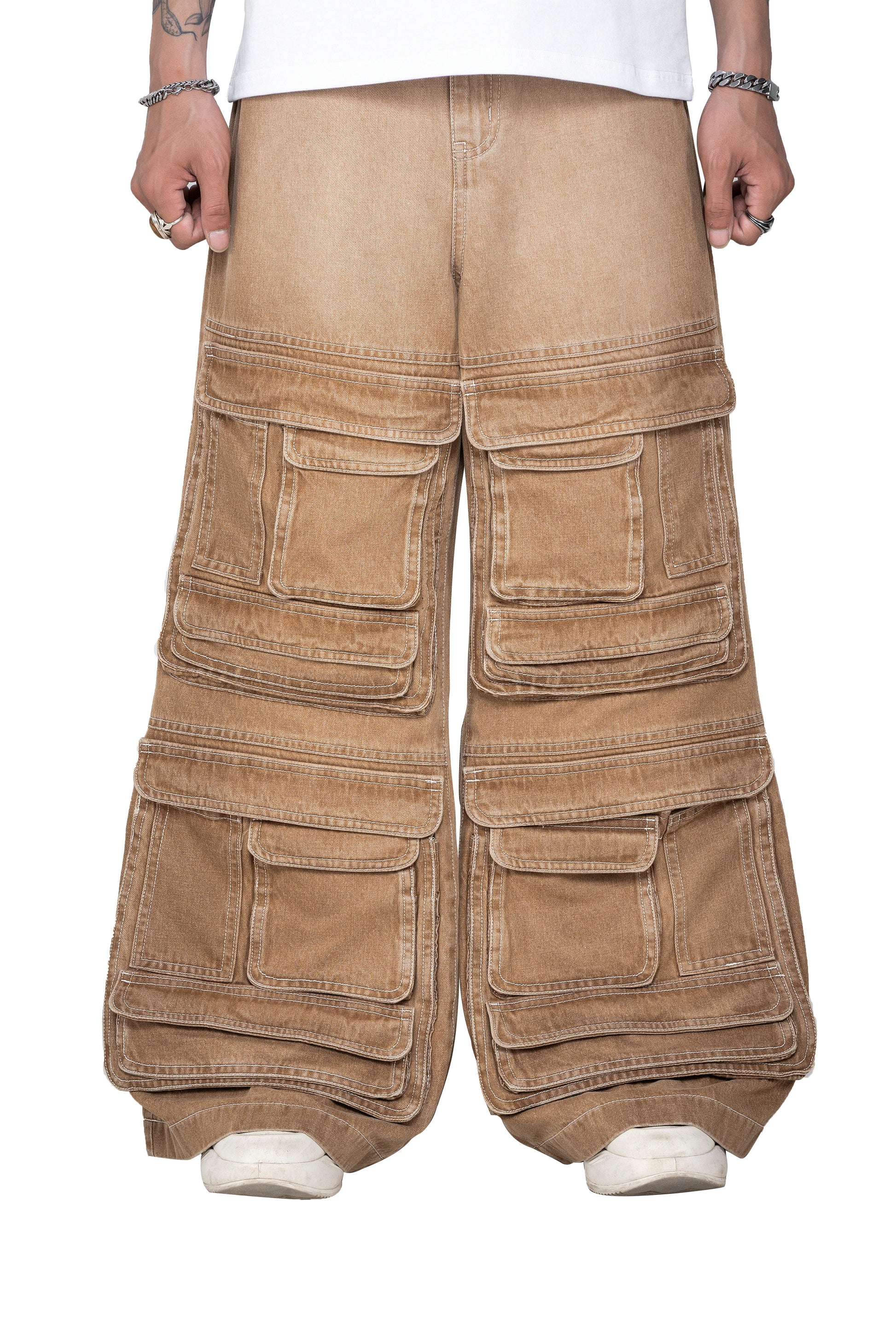 Dune Stack Cargo Pants | 3D Multi-Pocket Wide Leg Denim - Vintage Sand Wash High-Utility Streetwear