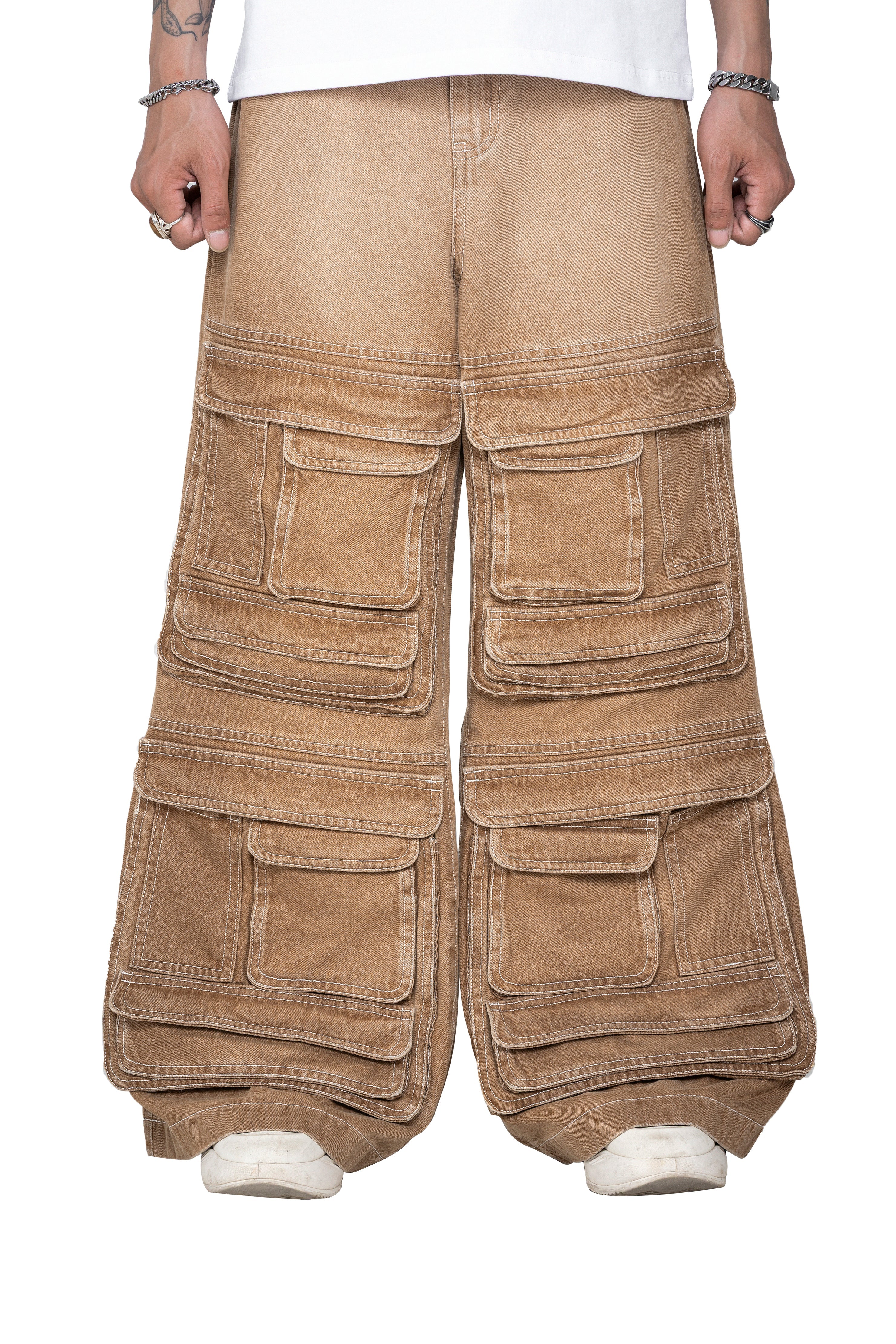 Dune Stack Cargo Pants | 3D Multi-Pocket Wide Leg Denim - Vintage Sand Wash High-Utility Streetwear