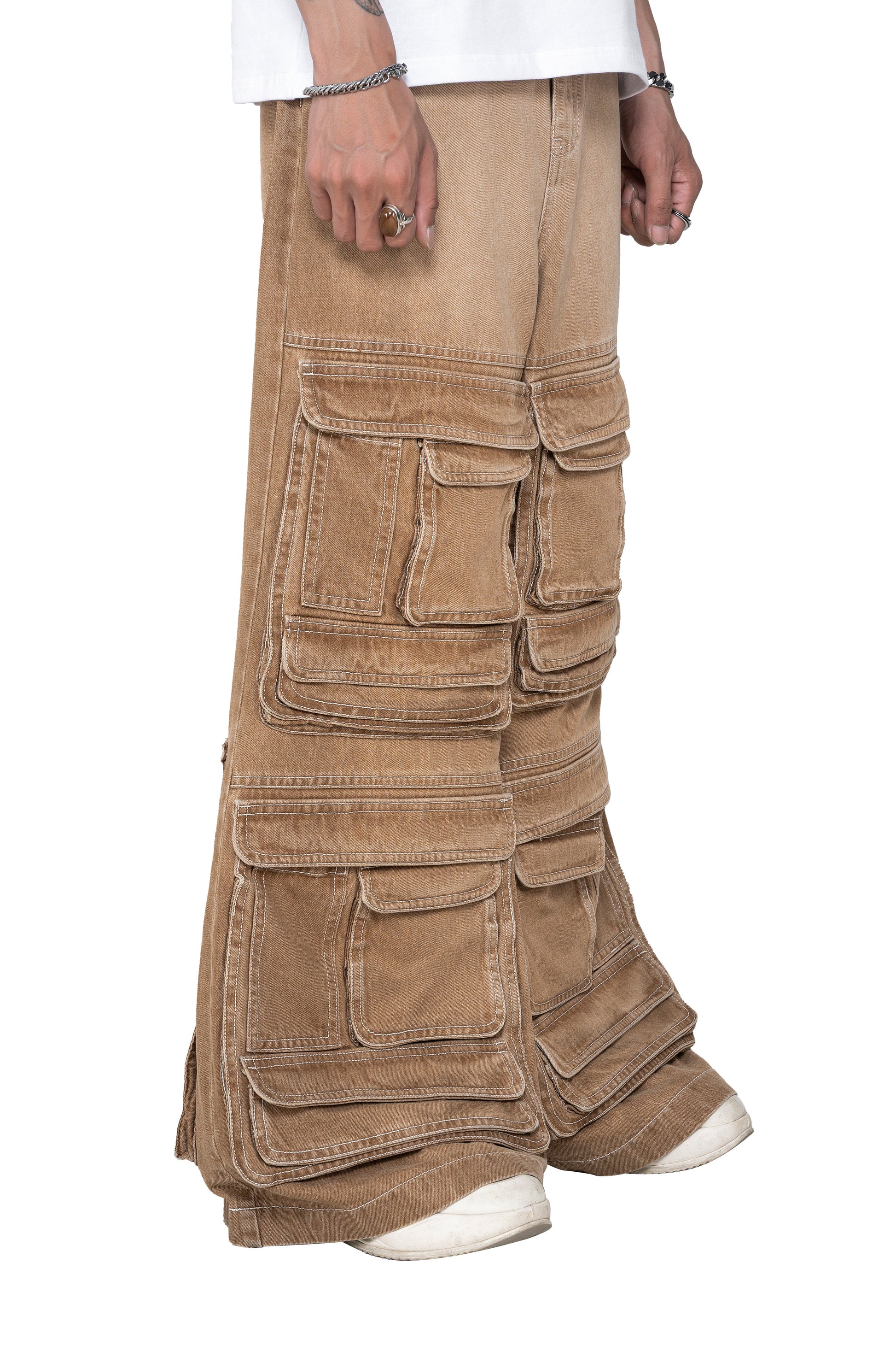 Dune Stack Cargo Pants | 3D Multi-Pocket Wide Leg Denim - Vintage Sand Wash High-Utility Streetwear