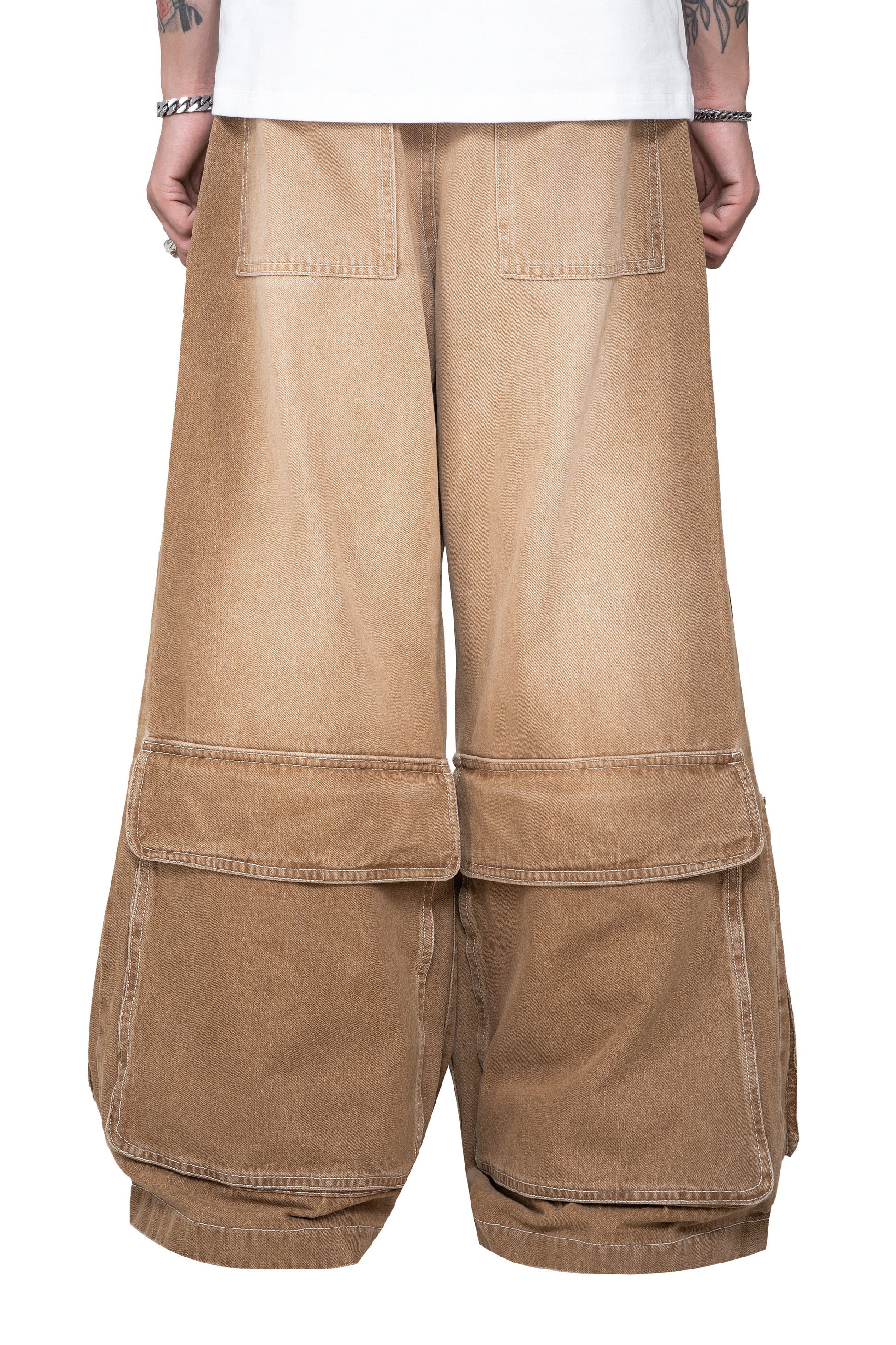 Dune Stack Cargo Pants | 3D Multi-Pocket Wide Leg Denim - Vintage Sand Wash High-Utility Streetwear