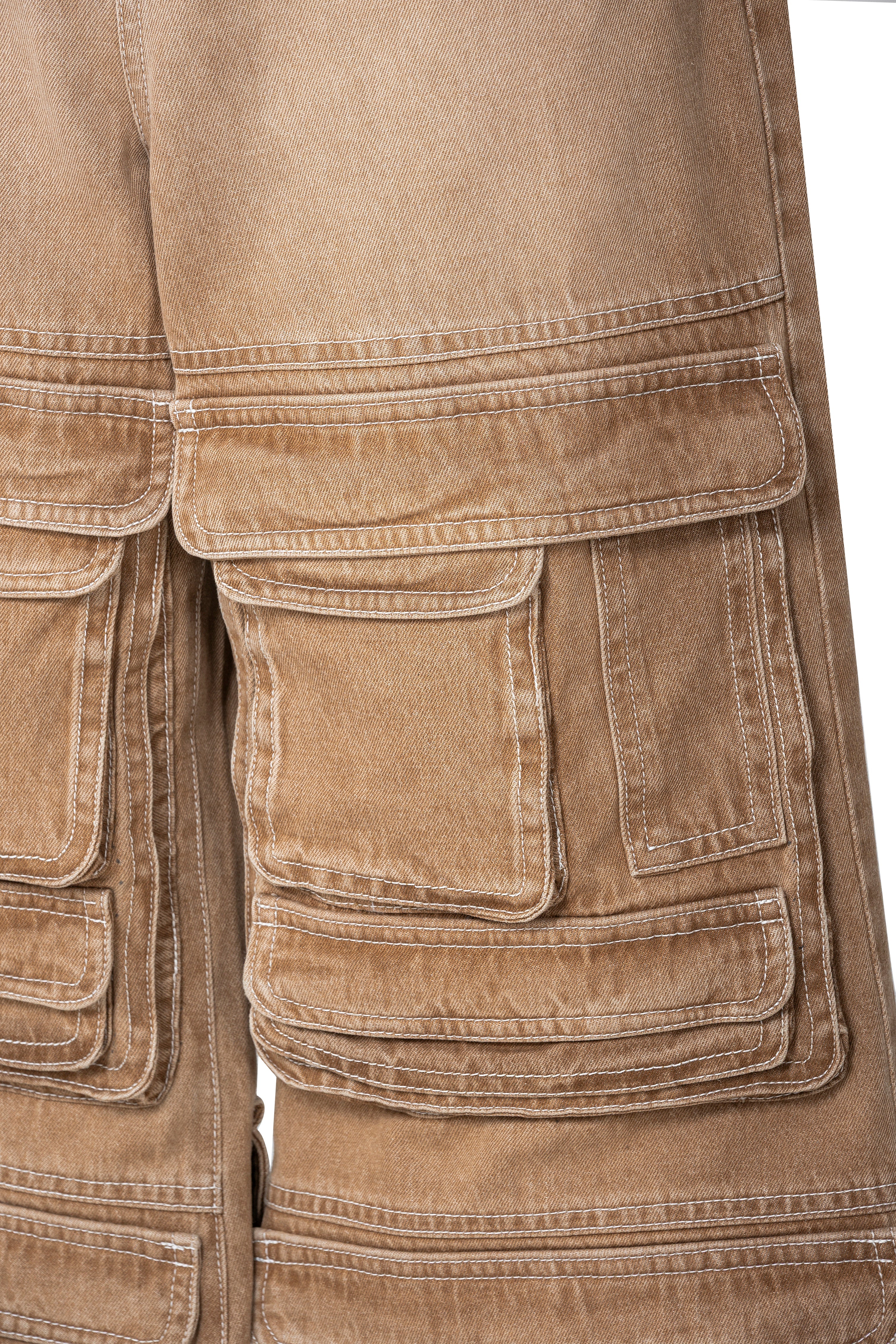 Dune Stack Cargo Pants | 3D Multi-Pocket Wide Leg Denim - Vintage Sand Wash High-Utility Streetwear