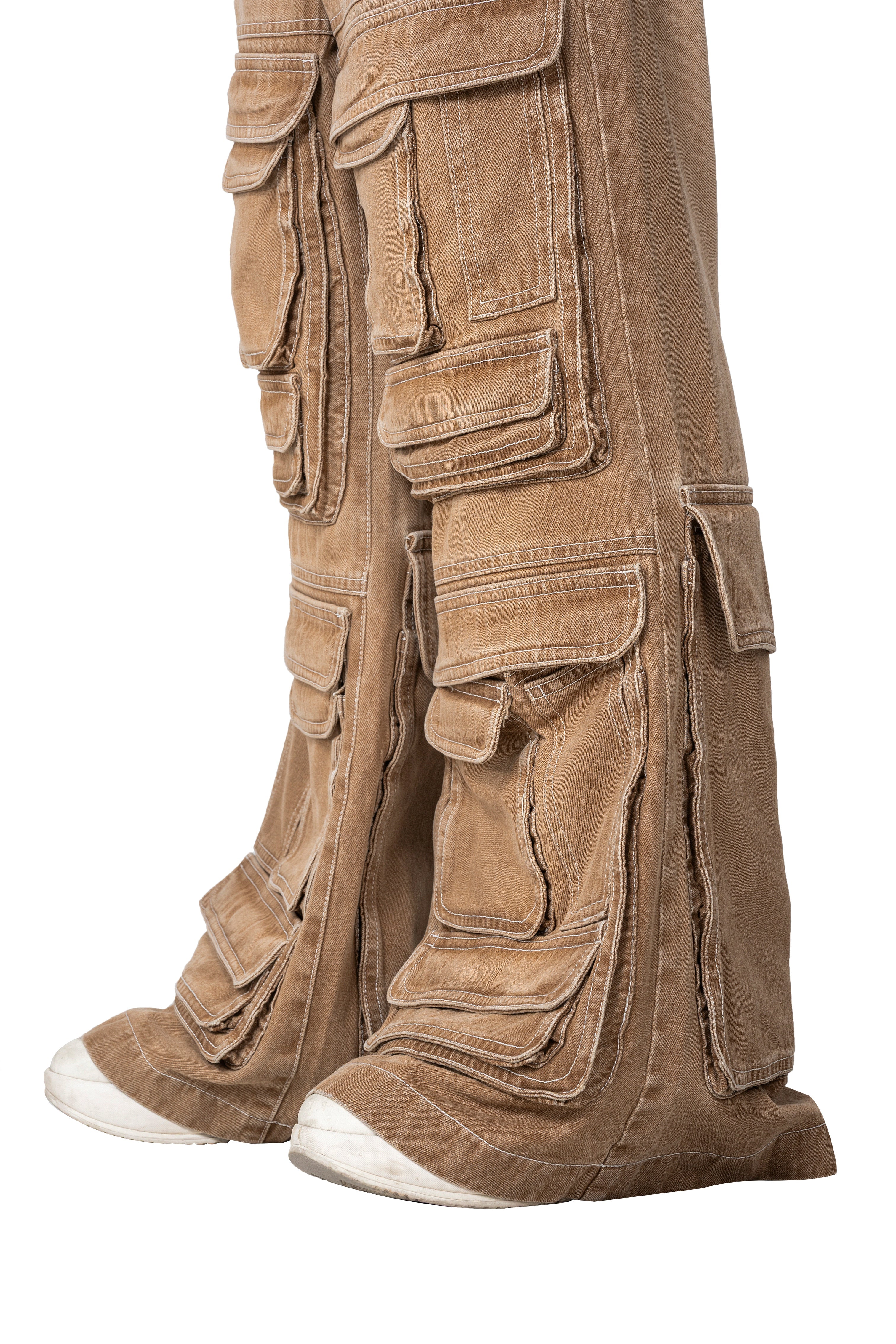 Dune Stack Cargo Pants | 3D Multi-Pocket Wide Leg Denim - Vintage Sand Wash High-Utility Streetwear