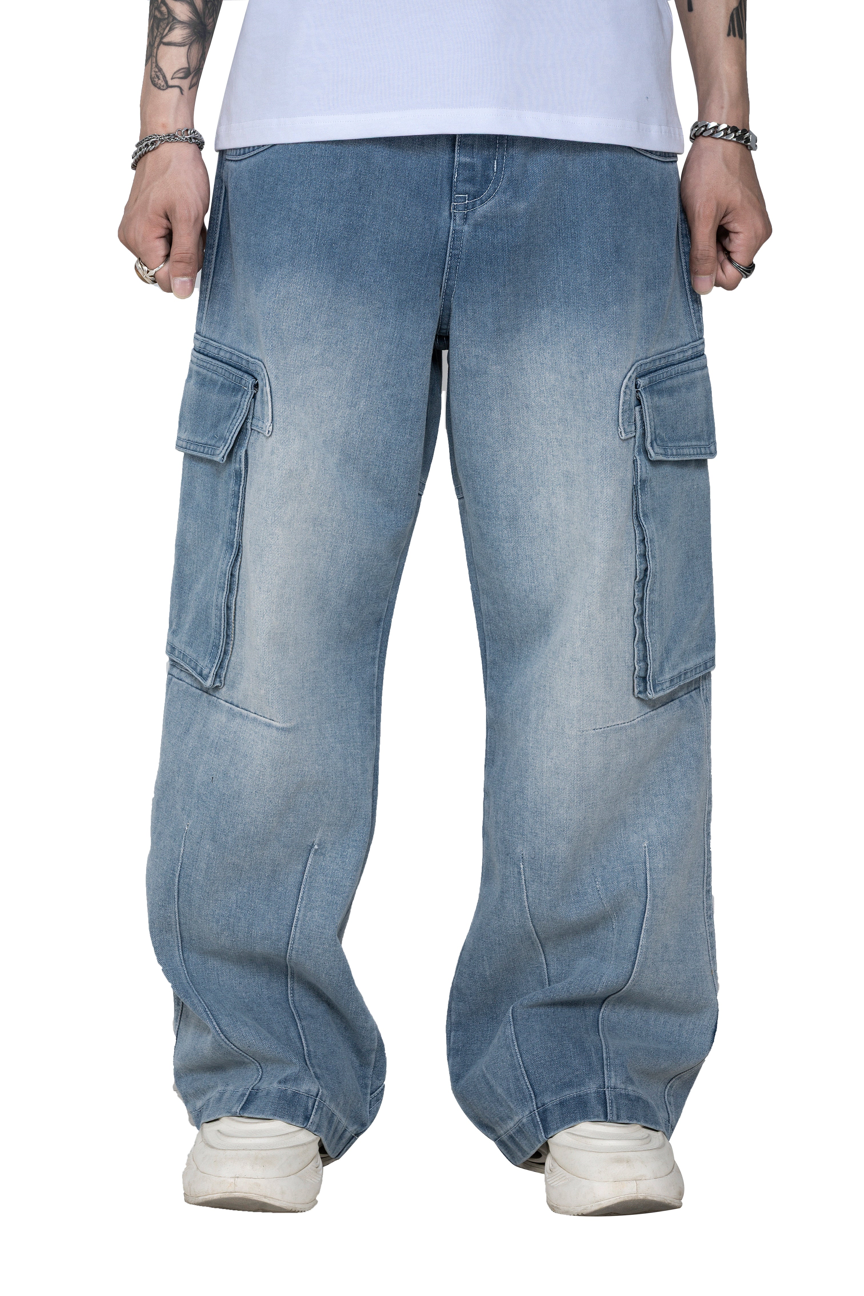 Fade Flow Cargo Pants | Streamlined Wide Leg Denim - Vintage Indigo Fade Minimalist Streetwear