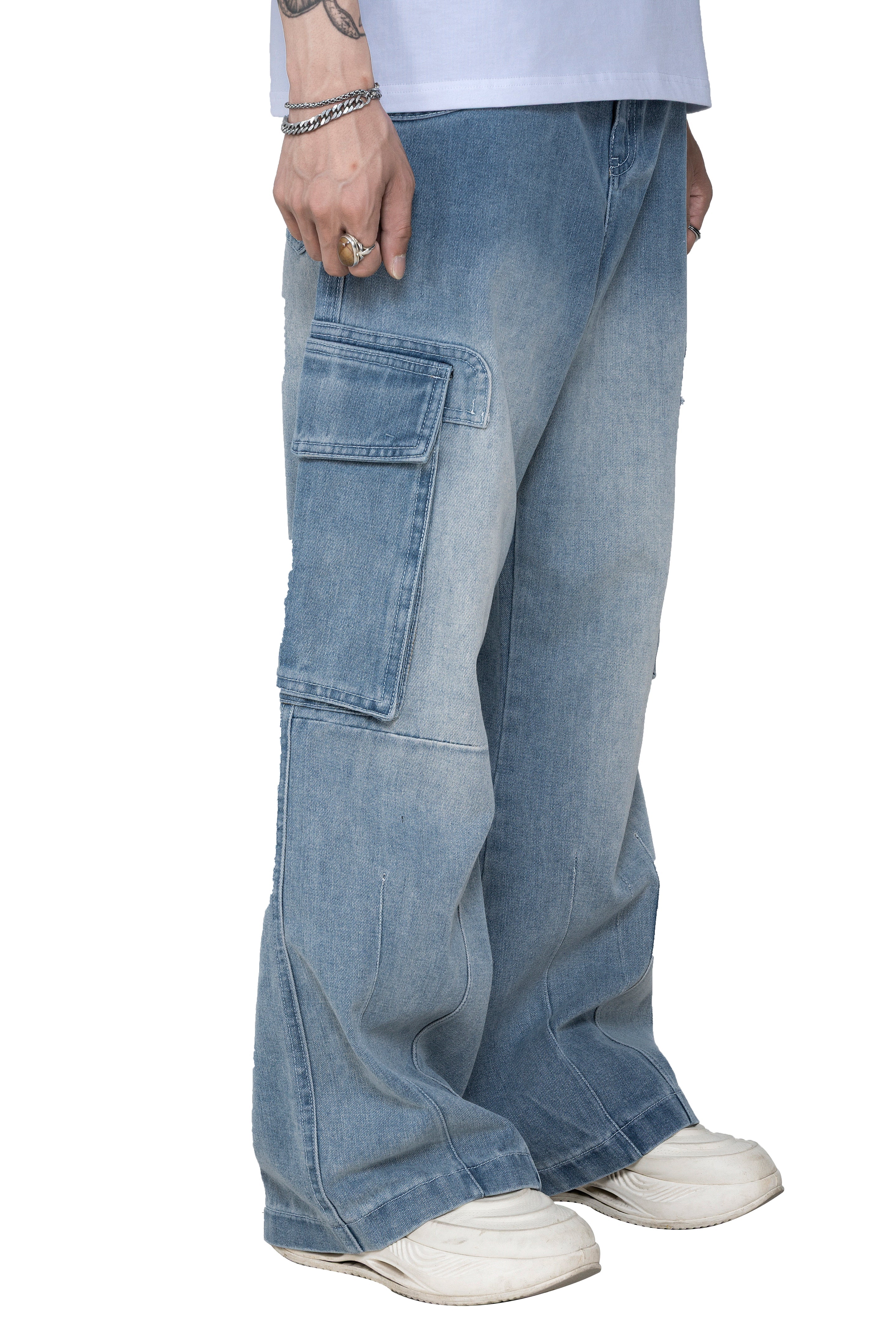 Fade Flow Cargo Pants | Streamlined Wide Leg Denim - Vintage Indigo Fade Minimalist Streetwear