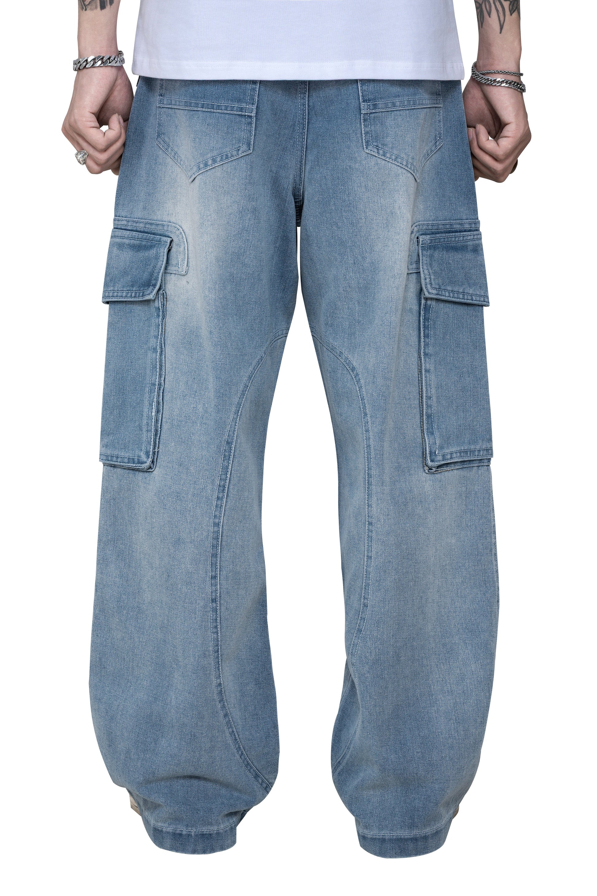 Fade Flow Cargo Pants | Streamlined Wide Leg Denim - Vintage Indigo Fade Minimalist Streetwear