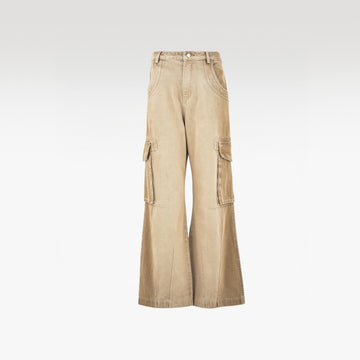 Dune Flow Cargo Pants | Streamlined Wide Leg Denim - Vintage Sand Wash Earth Tone Streetwear