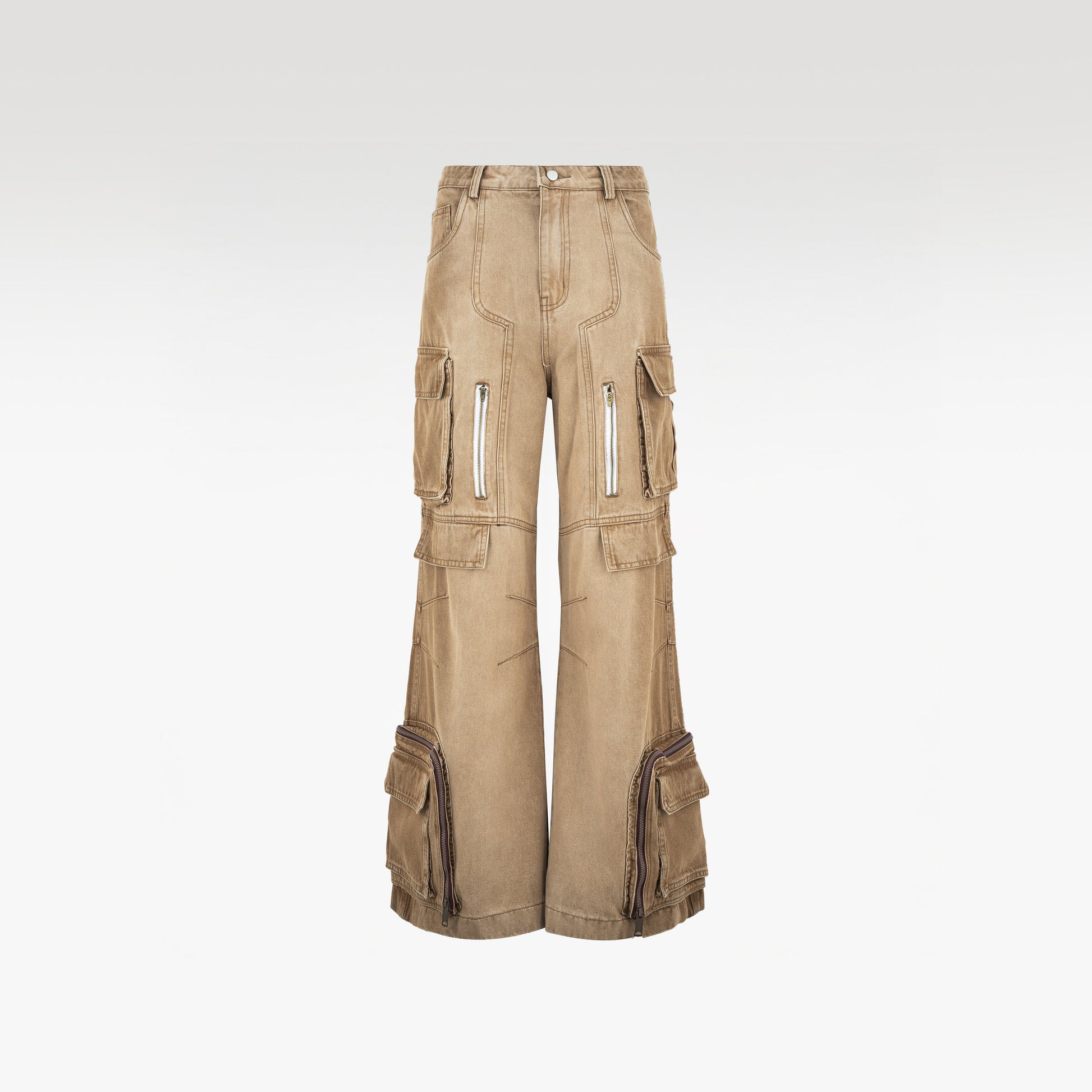 Dune Multi Zip Cargo Pants | Heavyweight Wide Leg Denim - Vintage Sand Wash Earth Tone Streetwear