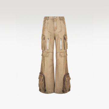 Dune Multi Zip Cargo Pants | Heavyweight Wide Leg Denim - Vintage Sand Wash Earth Tone Streetwear