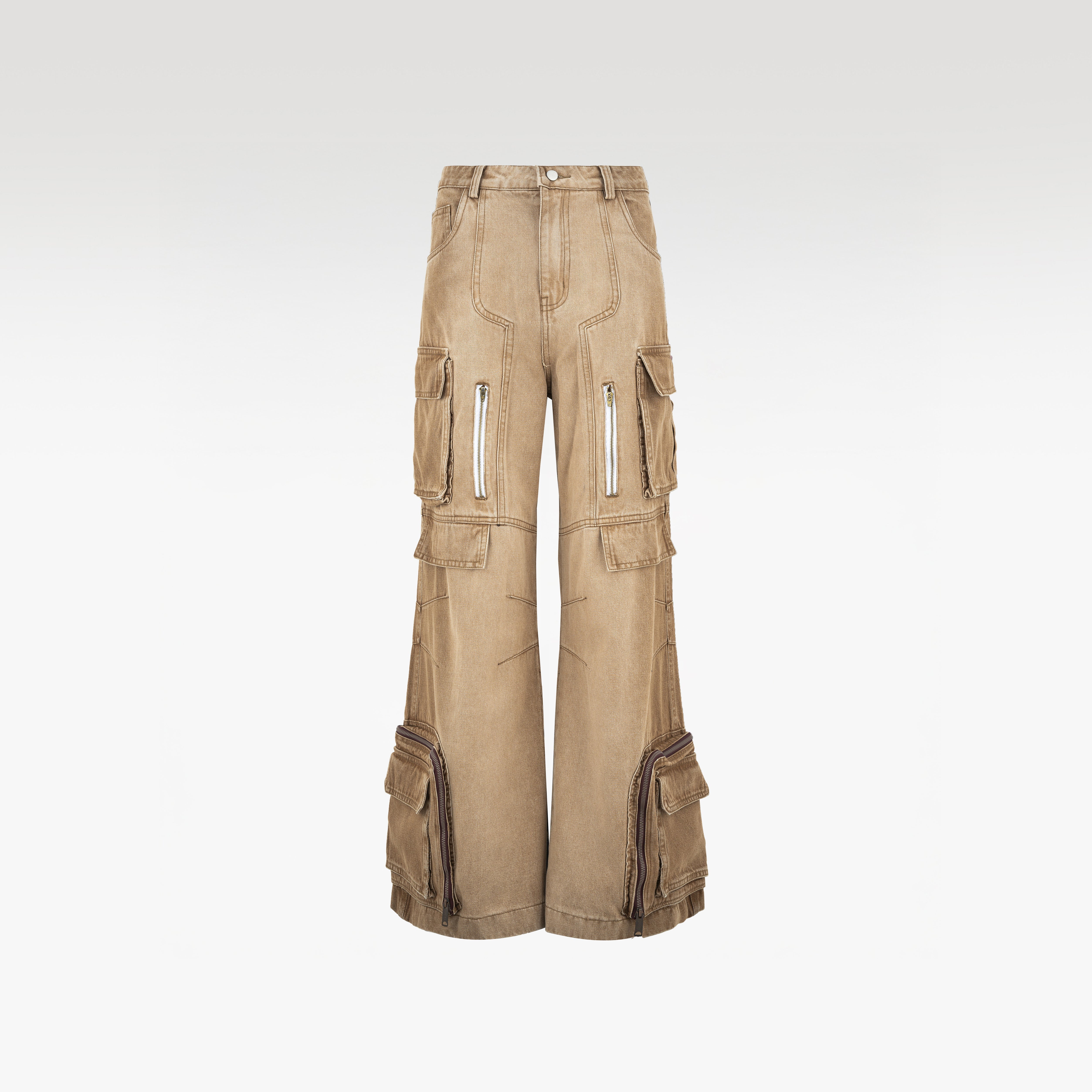 Dune Multi Zip Cargo Pants | Heavyweight Wide Leg Denim - Vintage Sand Wash Earth Tone Streetwear